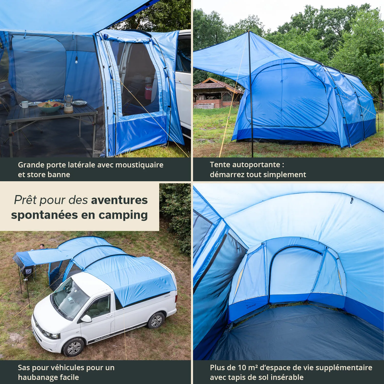 Zelt mit blauer Plane, seitlichem Moskitonetz und Vorzelt Van mit Zeltaufsatz Innenansicht des Zeltes.