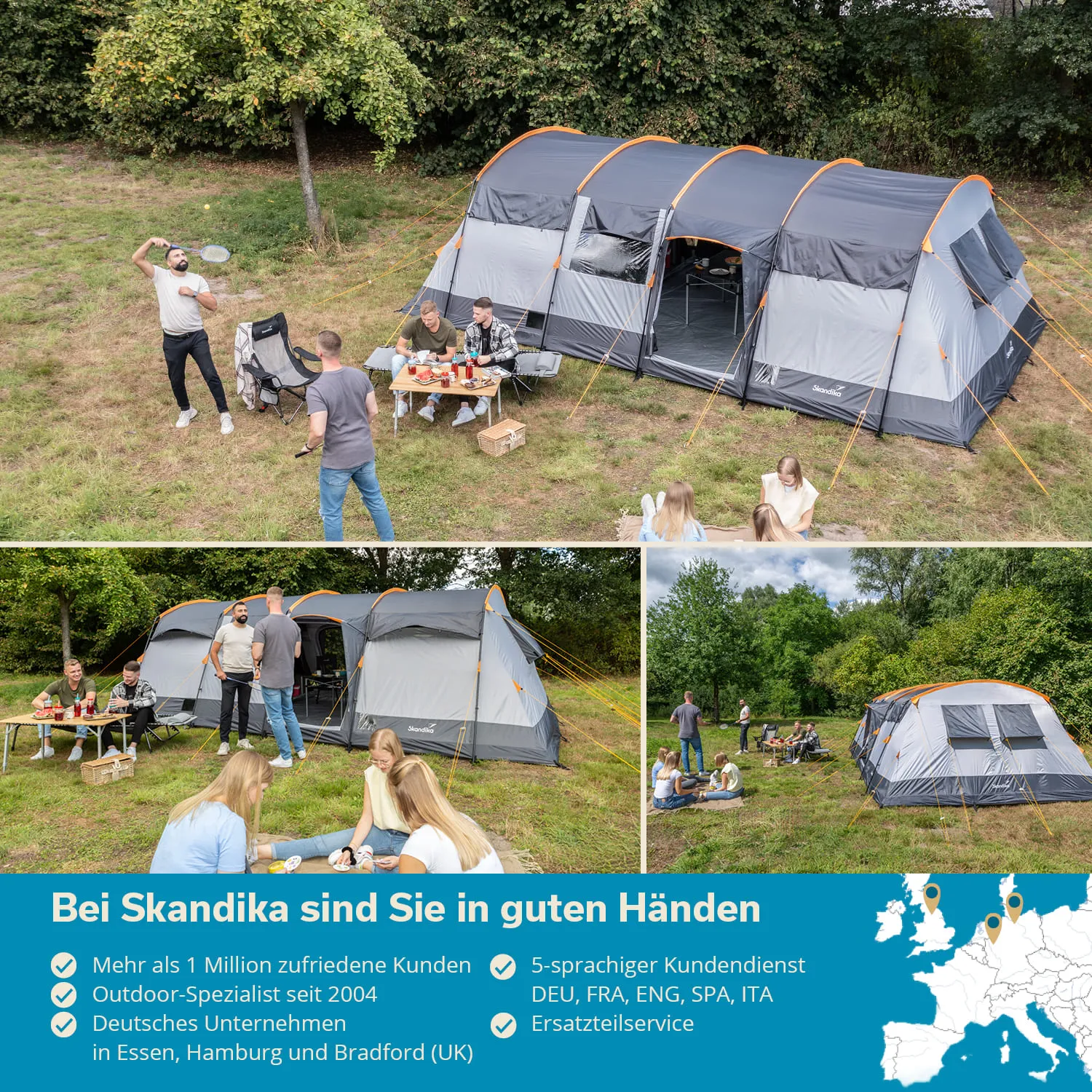 Zelt in einem grünen Bereich mit Personen, die an einem Tisch sitzen und essen. Weitere Personen stehen oder unterhalten sich.