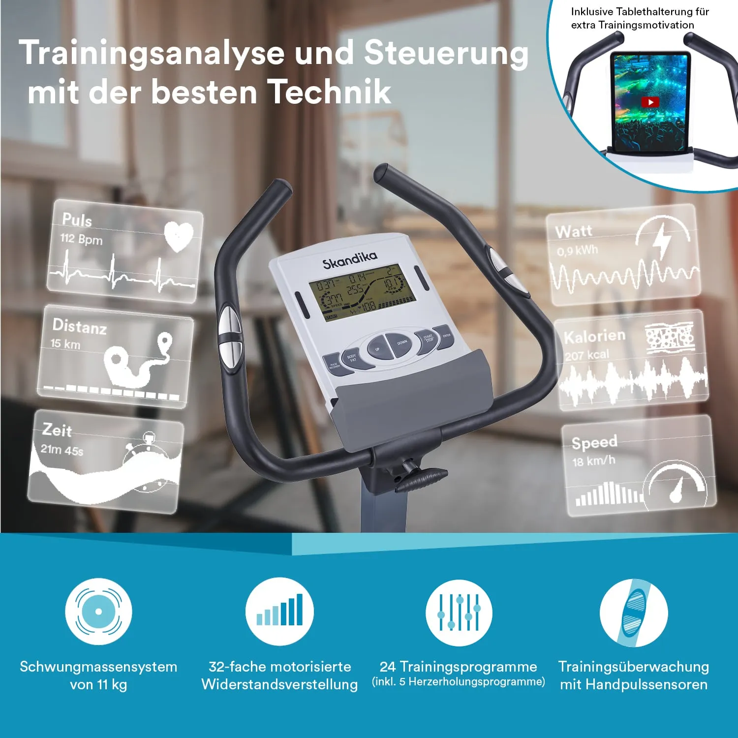 Trainingsgerät mit Bildschirm und Handgriffen. Anzeigefelder für Puls, Distanz, Zeit, Kalorien, Watt und Geschwindigkeit.