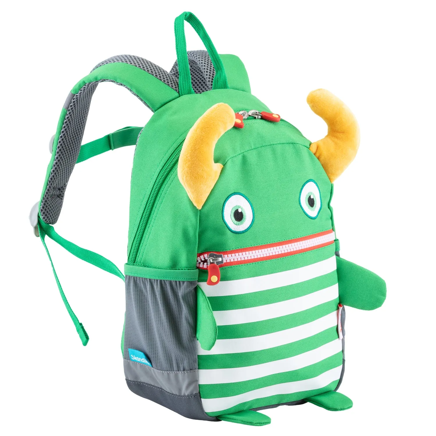 Grüner Rucksack mit Augen, Hörnern und gestreiftem Design. Seitentasche mit Reißverschluss, weiche Details.