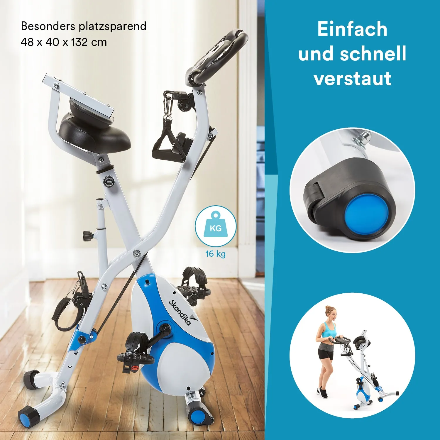 Fahrradtrainer in grau-blau, klappbar und platzsparend. Gewicht 16 kg. Details: seitliche Ansicht, rutschfeste Pedale.