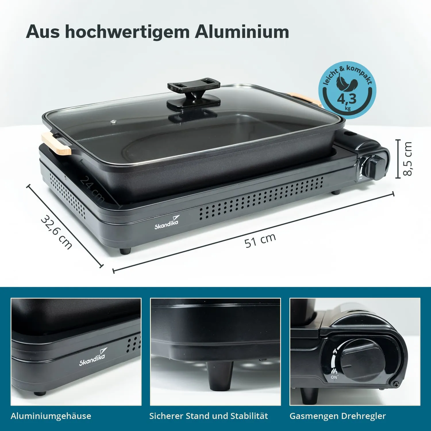 Elektrischer Grill aus Aluminium, Maße: 51 cm x 32,6 cm x 8,5 cm. Mit transparentem Deckel und Drehregler. Markenname „Skandika“.