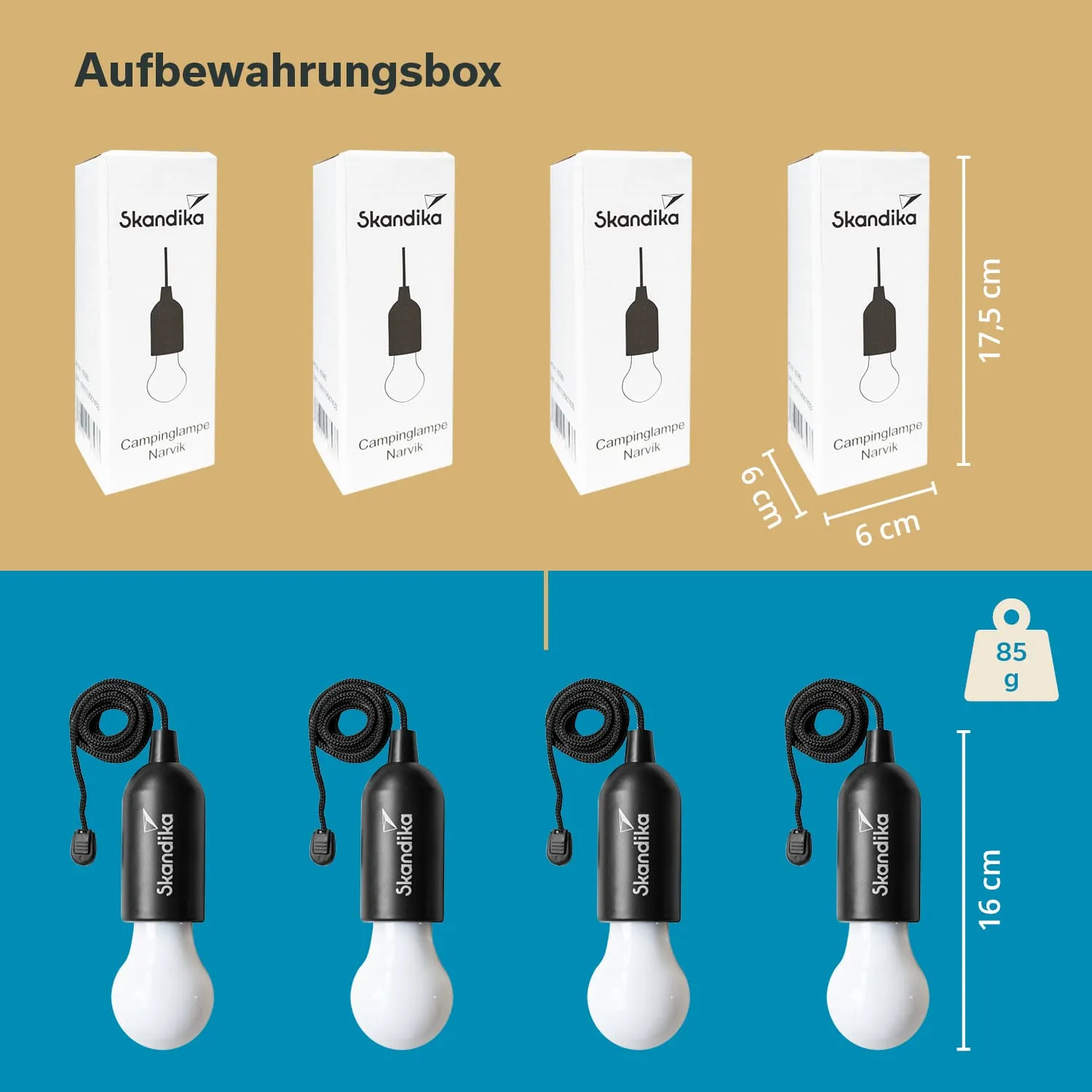 Drei Verpackungen für Campinglampen im oberen Bereich, darunter drei schwarze Lampen mit weißer Glühbirne. Boxenmaße 17,5 cm x 6 cm. Lampenmaß 16 cm, Gewicht 85 g.
