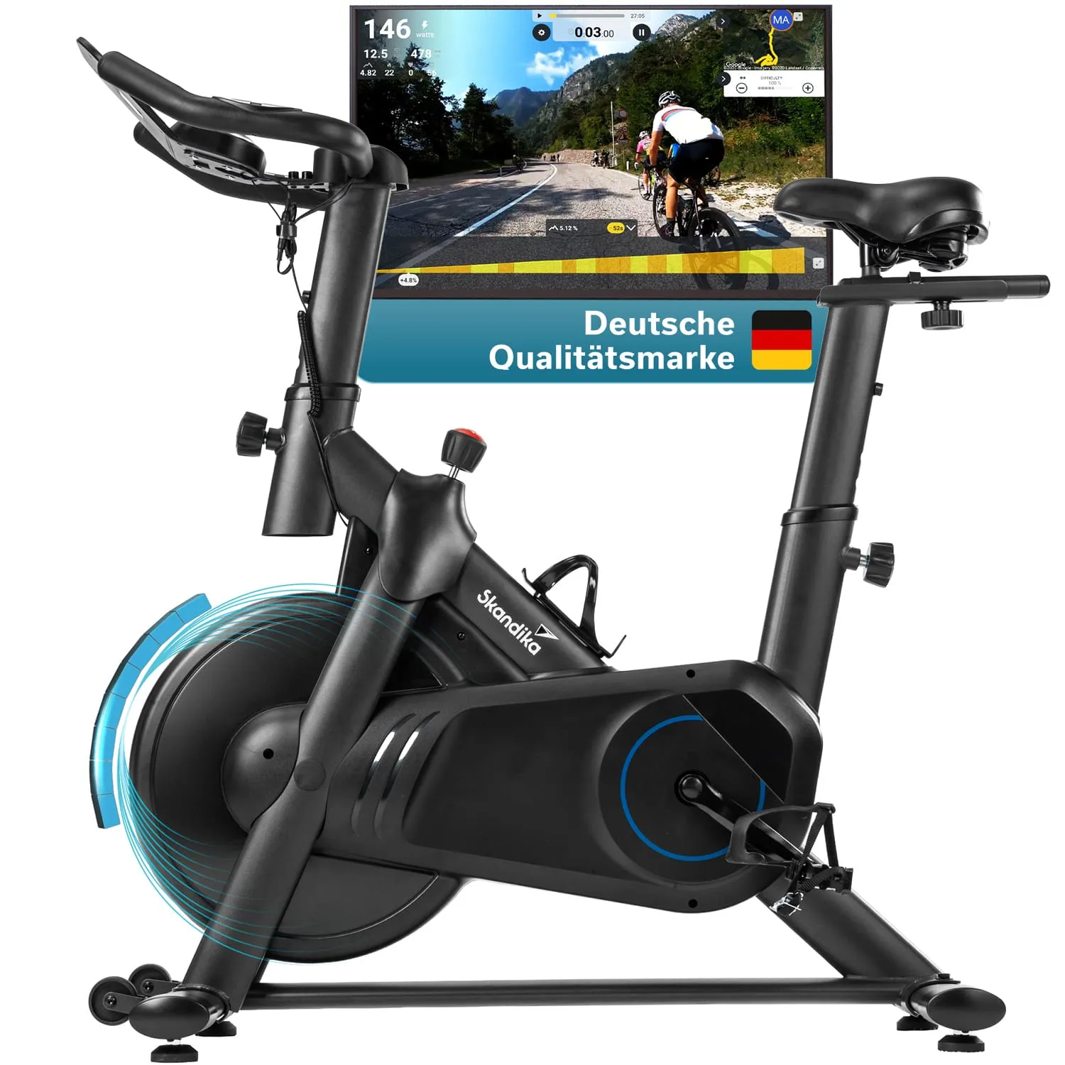 Ein Sportgerät (Spinning-Bike) in Schwarz mit einem Monitor. Auf dem Bildschirm sind Radfahrer in einer Landschaft zu sehen.