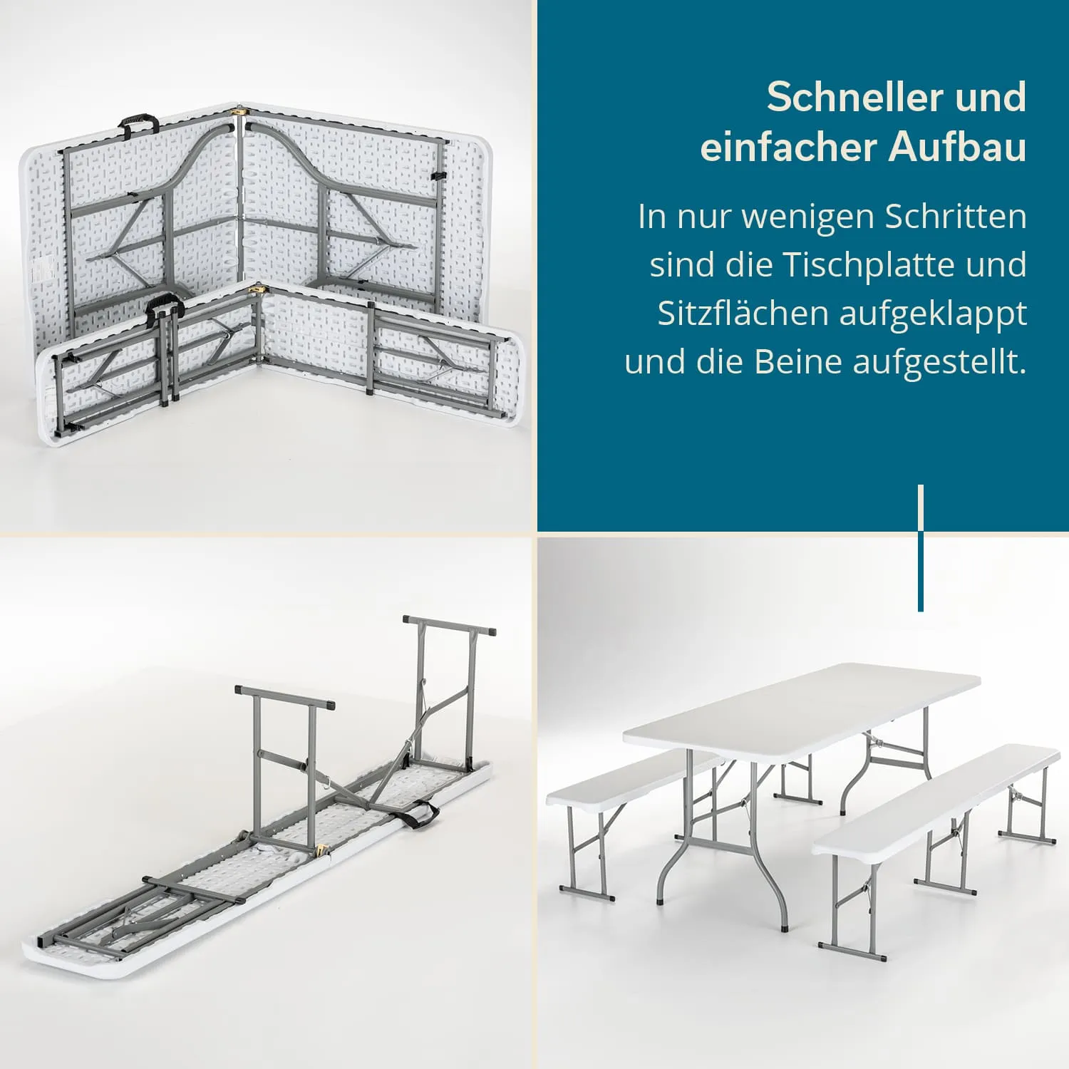 Faltbare Tischplatte und Sitzflächen in verschiedenen Aufbaustufen. Oben klappbarer Tisch, unten Tisch und Bänke.