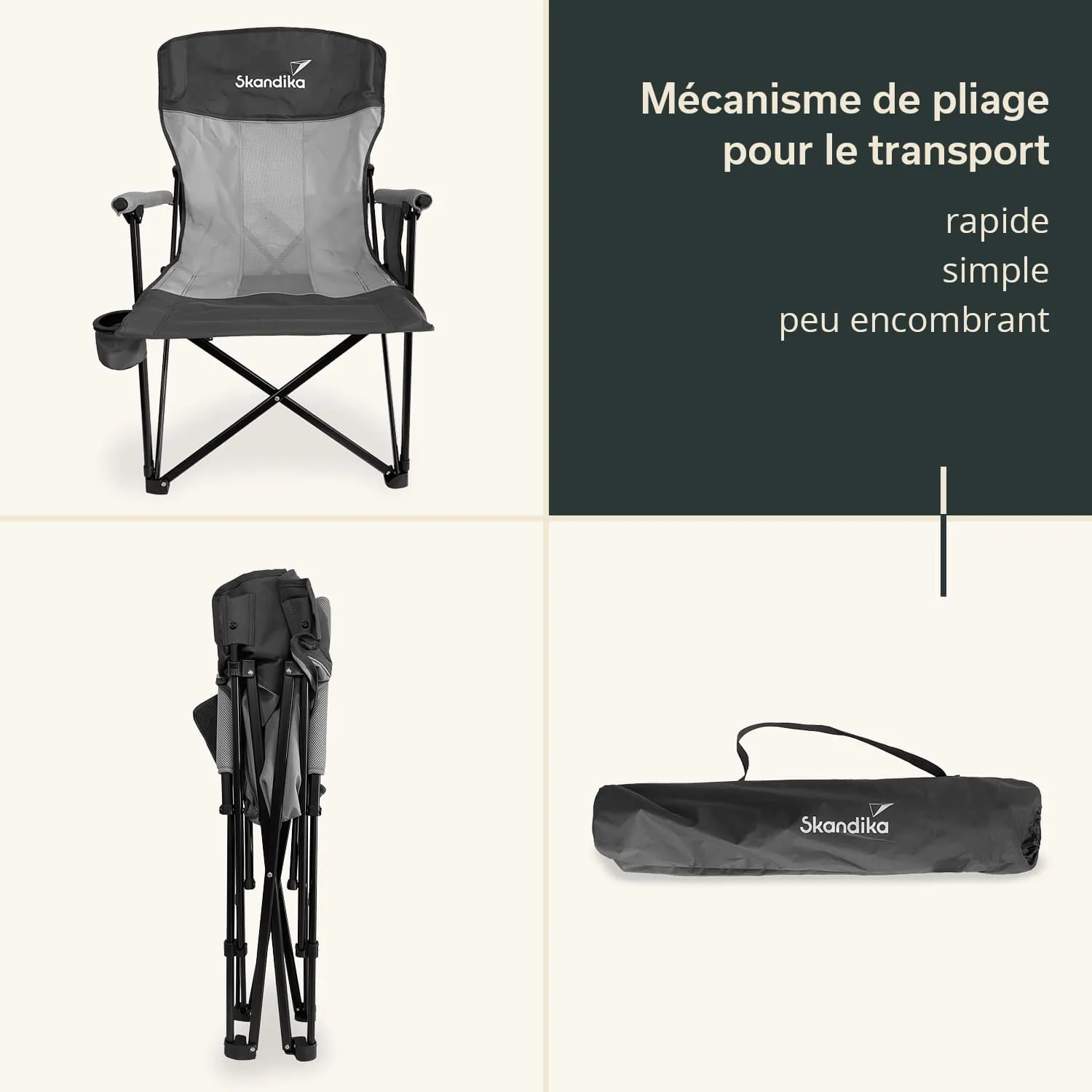 Ein faltbarer Stuhl, der oben abgebildet ist, mit Armlehnen und einem Getränkehalter. Darunter wird der Stuhl in gefalteter Form gezeigt. Rechts ist eine Tasche zu sehen, in der der Stuhl transportiert werden kann.