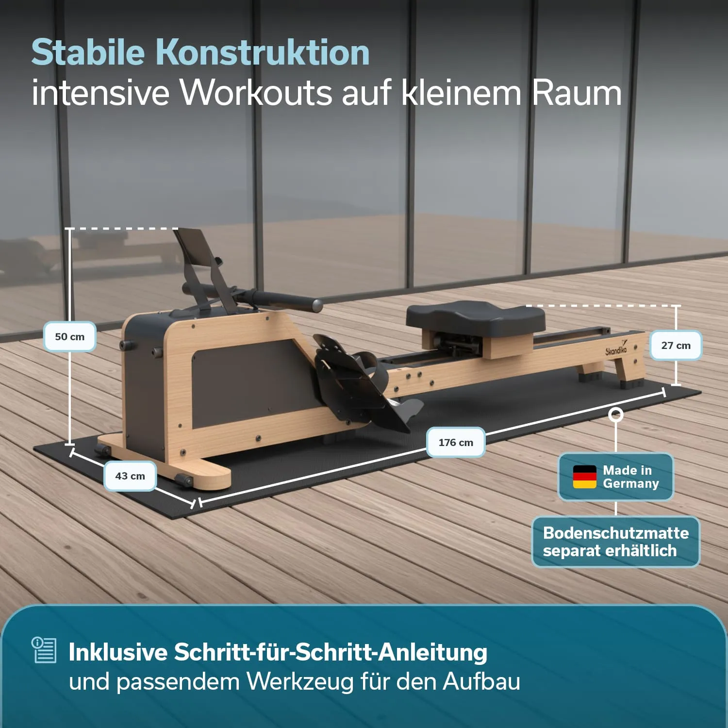 Rudergerät mit stabiler Konstruktion auf einem schwarzen Untergrund, Abmessungen und Hinweise sind eingeblendet.