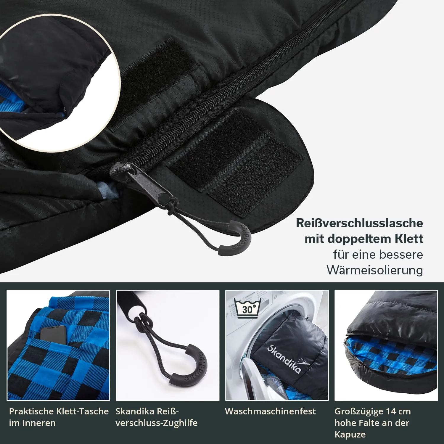 Schwarzer Schlafsack mit Reißverschluss und Klettverschluss, Innentasche in blauem Karodesign, Waschhinweis und Kapuze.
