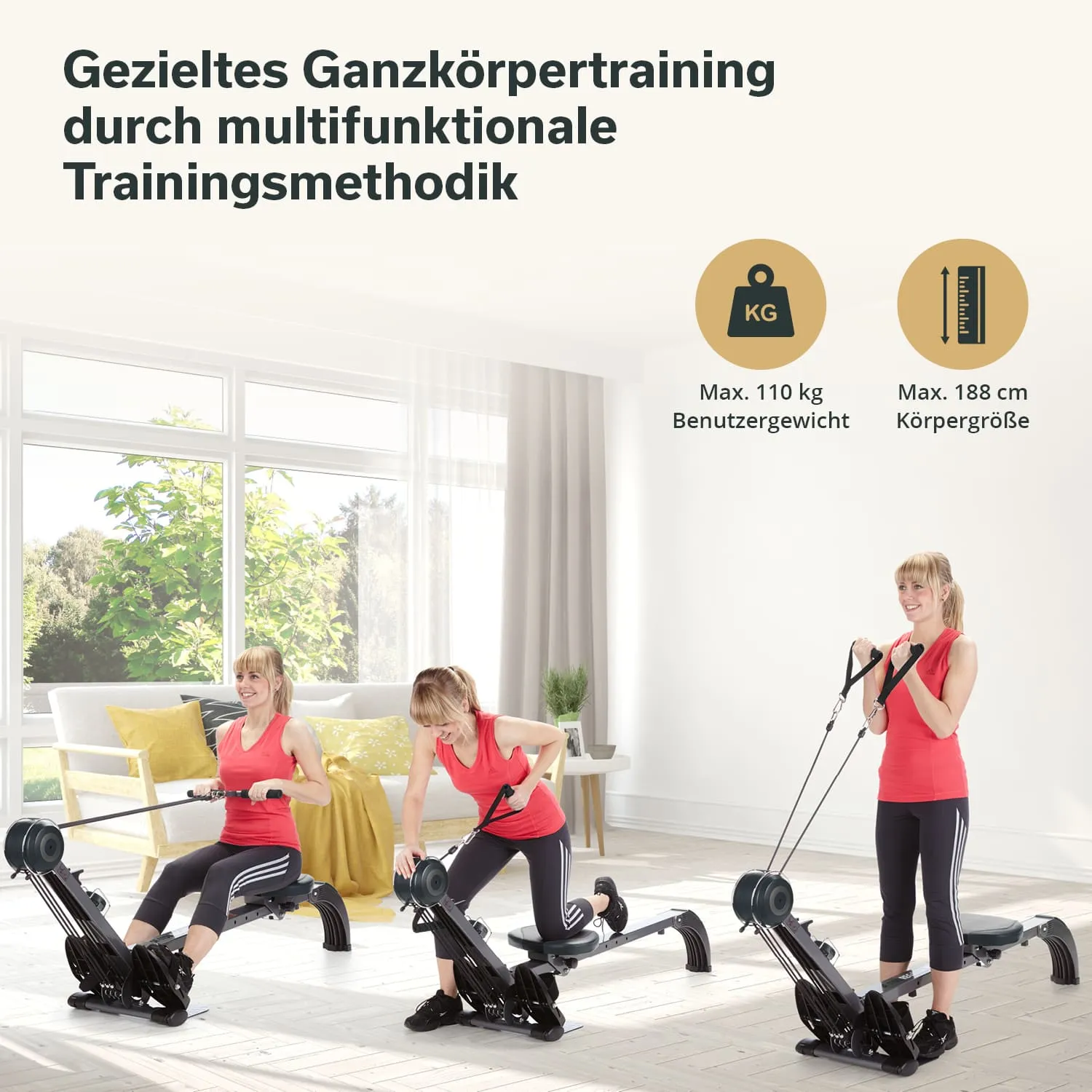 Drei Personen mit blonden Haaren in roten Sporttops trainieren auf multifunktionalen Fitnessgeräten in einem hellen Raum.