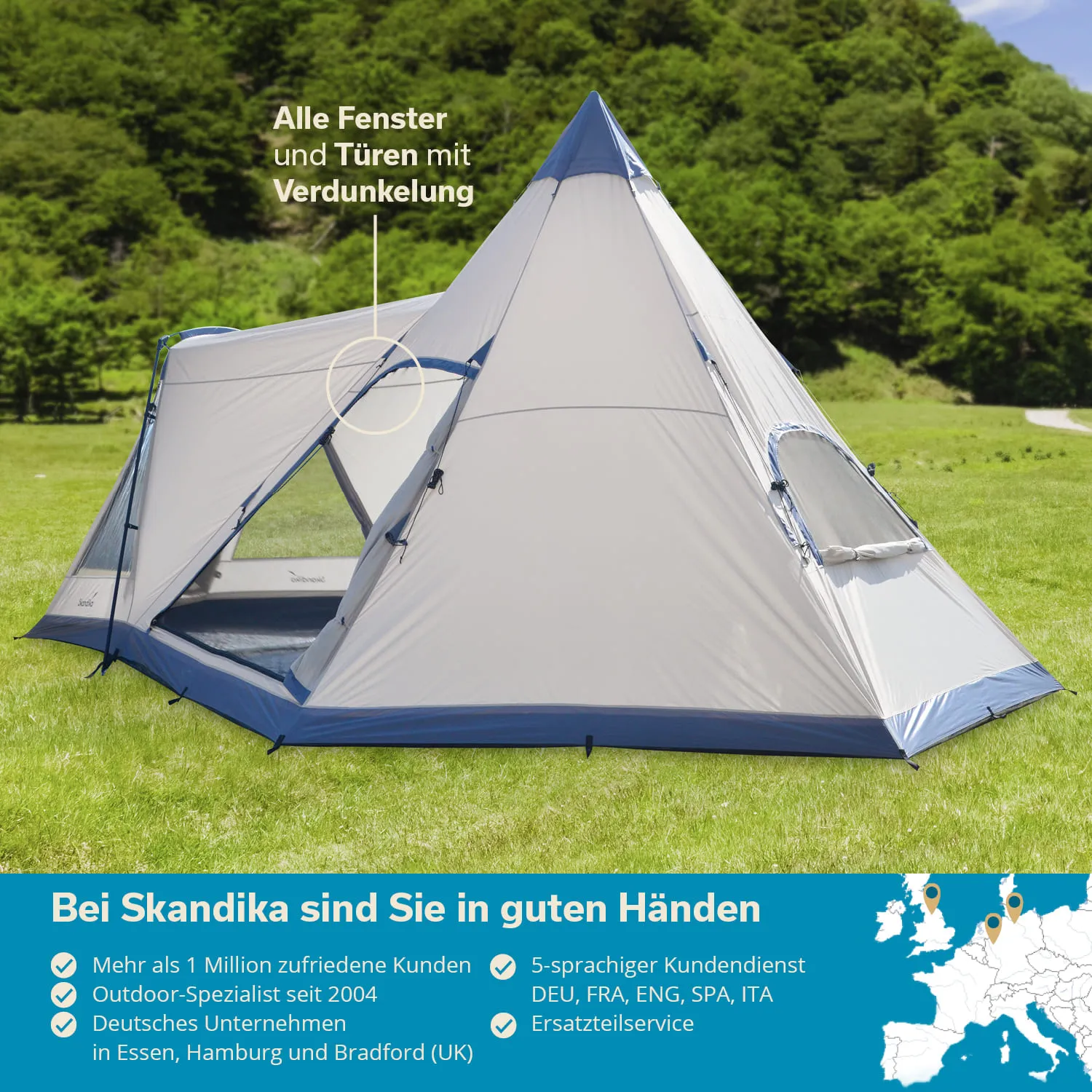 Zelt in dreieckiger Form, auf einer Rasenfläche. Hintergrund mit Bäumen. Textinformationen über Verdunkelung und Kundenservice.
