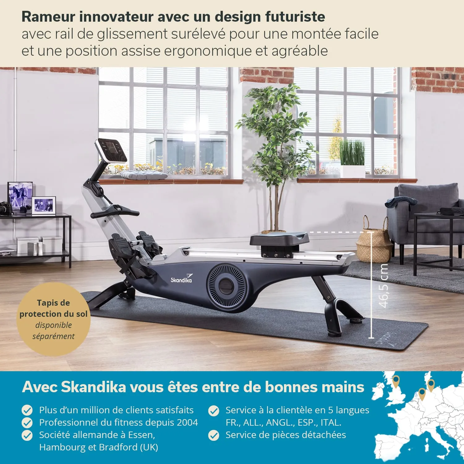 Rudergerät mit futuristischem Design, in einem hellen Raum mit Pflanzen und Fenster, auf einer Trainingsmatte platziert.