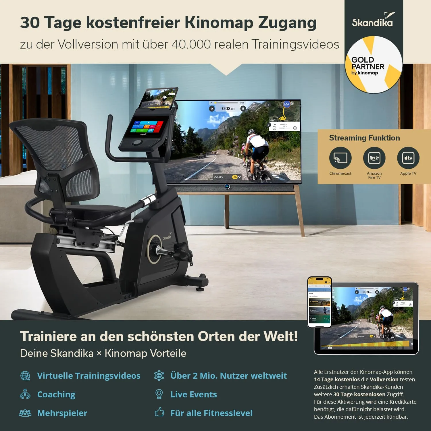 Ein Fitnessgerät steht vor einem Fernseher, der ein Landschaftstrainingsvideo zeigt. Informationen zu Kinomap und Vorteilen sind sichtbar.