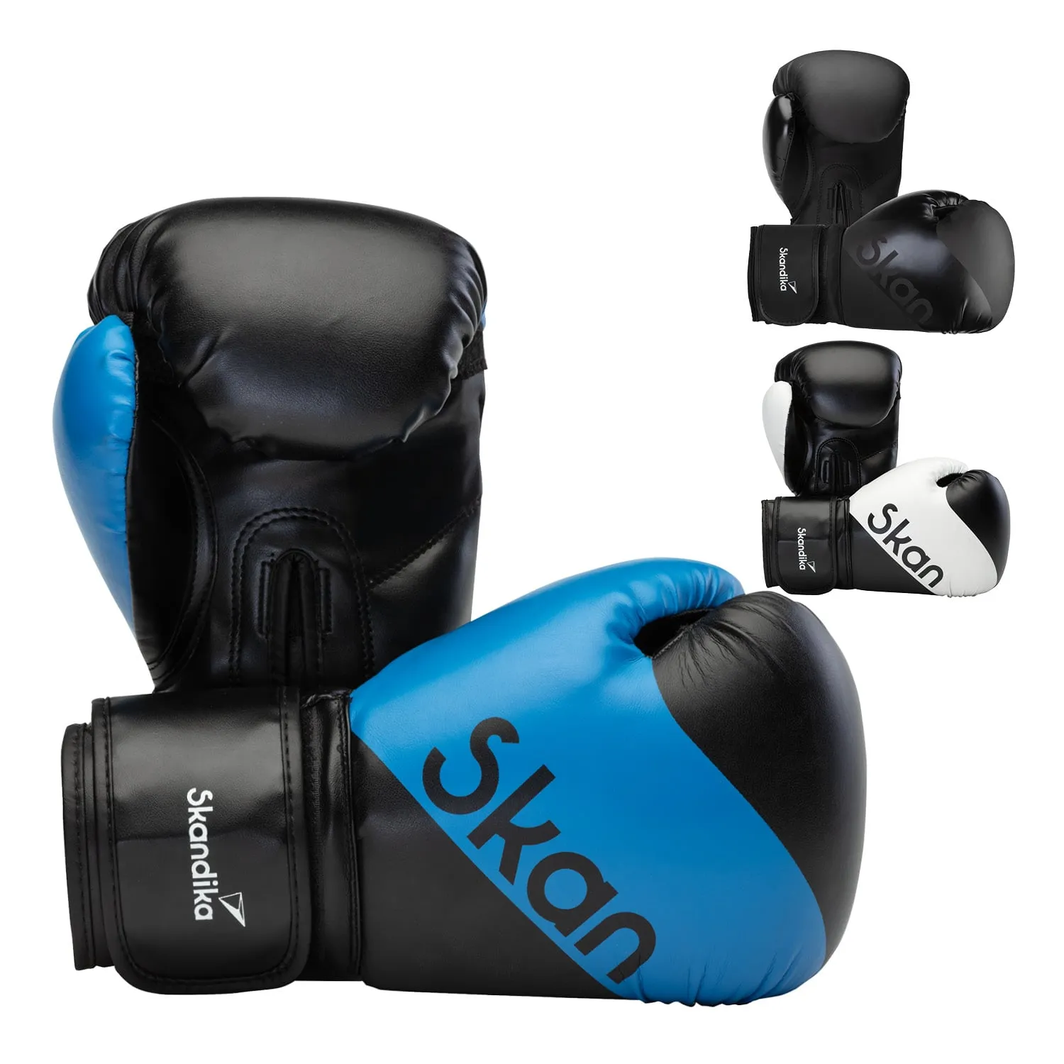 Boxhandschuhe in Schwarz und Blau, mit einem Logo auf der Seite. Im Hintergrund sind weitere Boxhandschuhe in Schwarz und Weiß sichtbar.