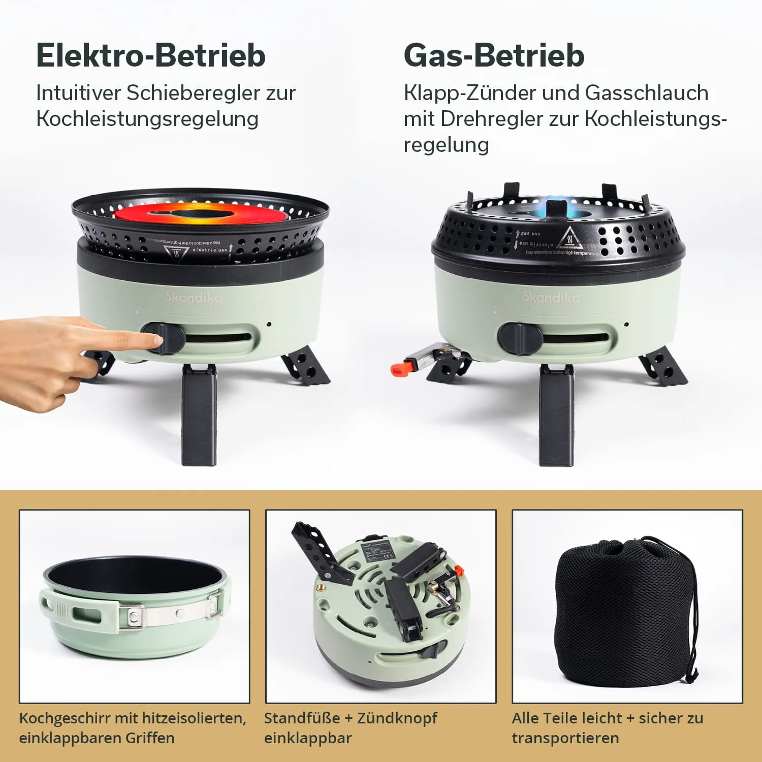 Zwei Kochgeräte in der Darstellung: links ein Elektrogerät mit Schieberegler, rechts ein Gasgerät mit Klapp-Zünder. Zubehörteile gezeigt.