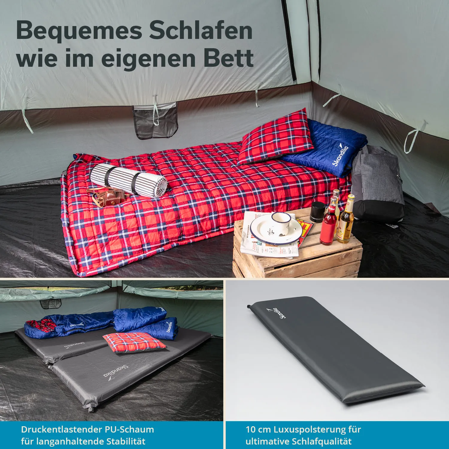 Schlafbereich in einem Zelt mit einem karierten Schlafsack, Kissen, Campingutensilien und einer Matratze in zwei Varianten.