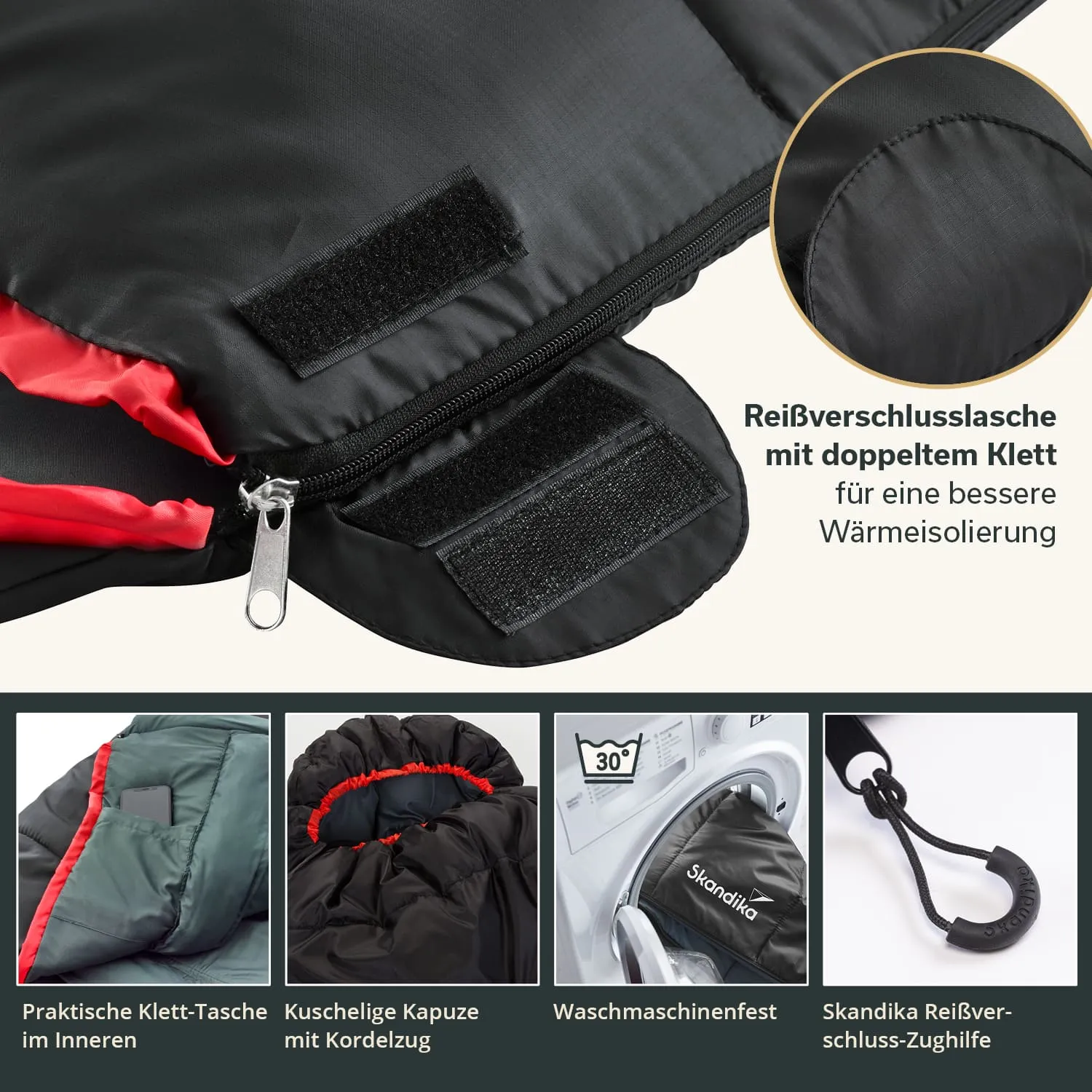Schwarzer Schlafsack mit rotem Innenfutter, Reißverschluss mit Klettverschluss, praktische Innentasche und Kapuze.