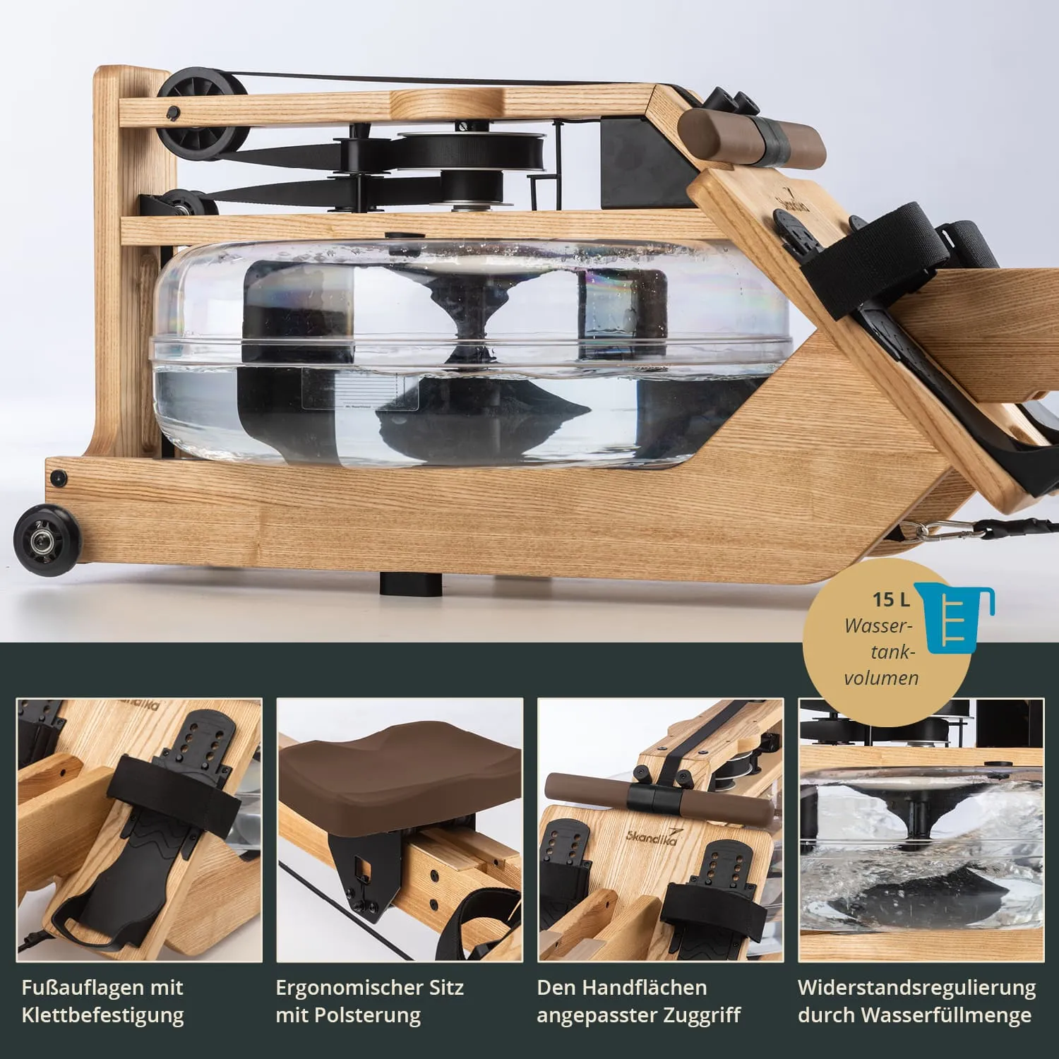 Holz-Rudergerät mit transparentem Wassertank. Ergonomischer Sitz und verstellbare Fußauflagen sichtbar. 15 l Tankvolumen.