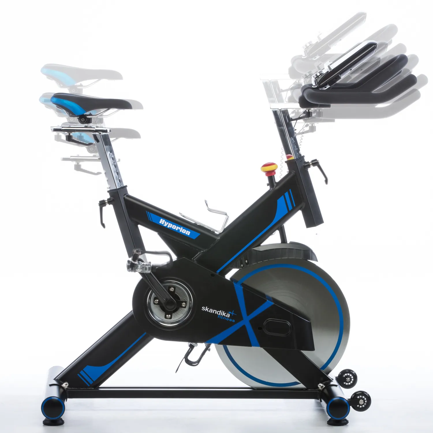 Schwinn-Rad mit verstellbarem Sitz und Lenker in Schwarz und Blau, zeigt Seitenansicht. In Bewegung dargestellter Lenker.