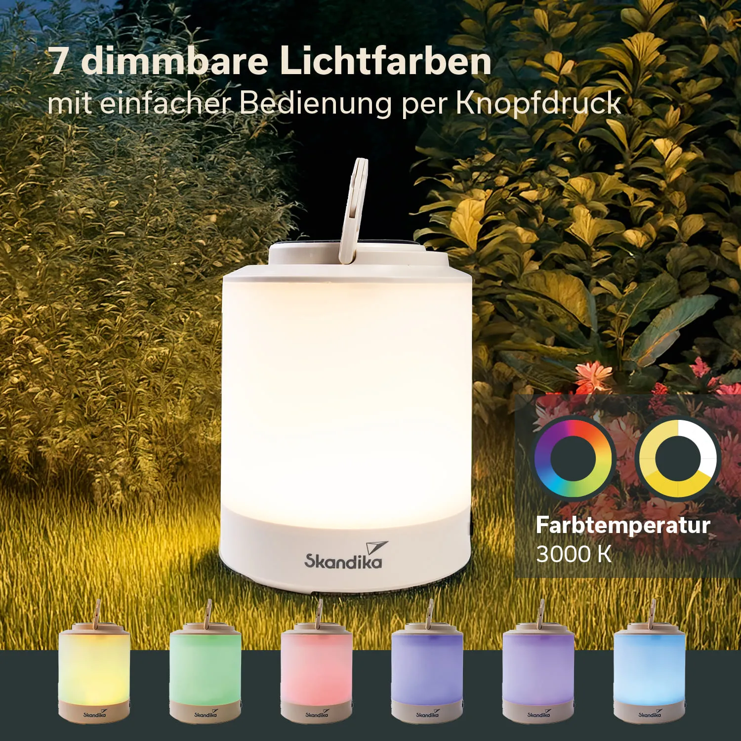 Tischlampe in Weiß mit einer glatten, runden Form. Sechs weitere kleine Lampen in verschiedenen Farben darunter. Hintergrund mit grünen Pflanzen.
