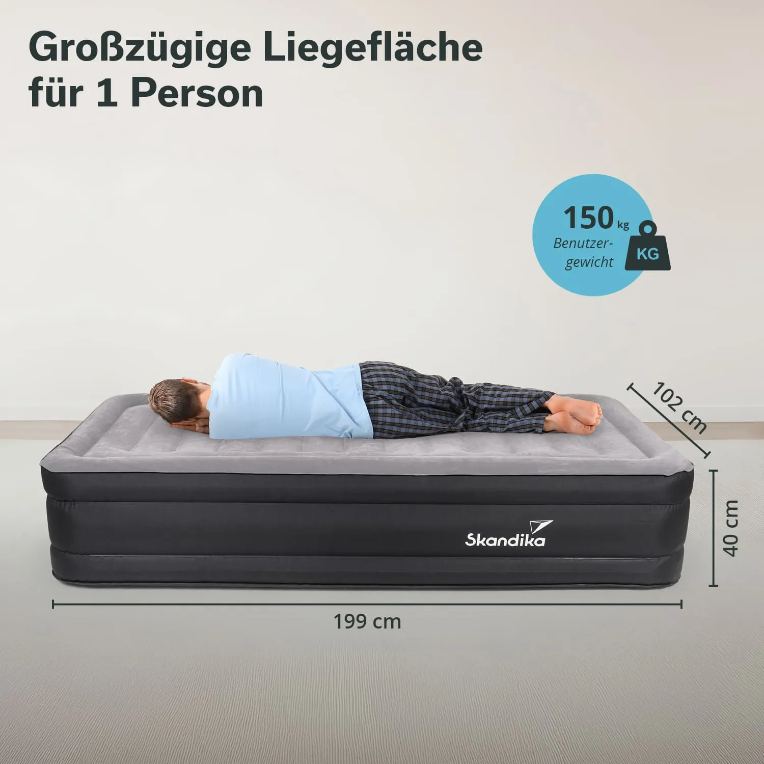 Luftbett mit einer Liegefläche von 199 cm x 102 cm und einer Höhe von 40 cm. Eine Person liegt darauf.