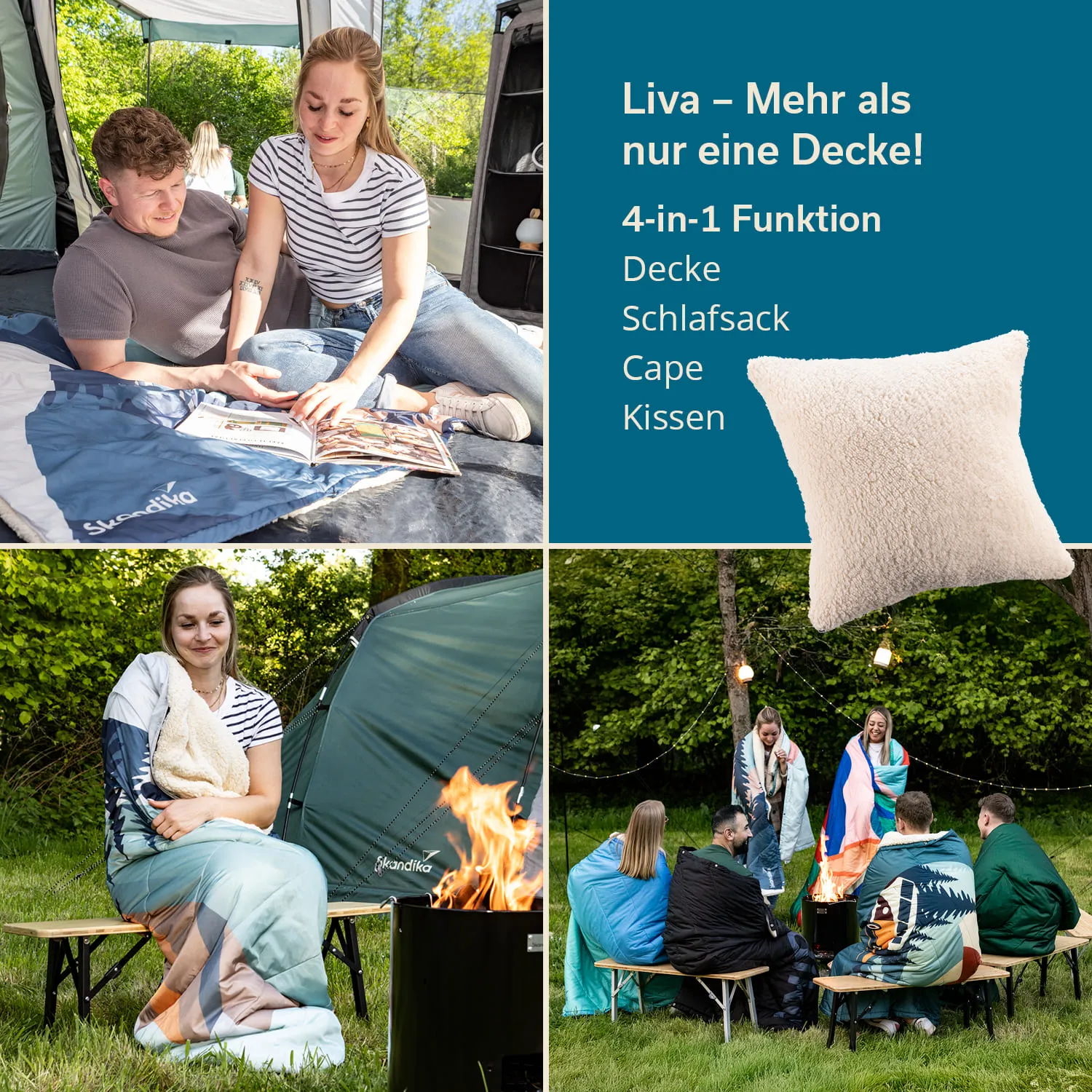 Oben links: Paar sitzt auf einer Decke und blickt auf ein Buch. Oben rechts: Text über das Produkt "Liva" und seine Funktionen. Unten links: Frau mit Decke am Feuer. Unten rechts: Gruppe von Personen in Decken um ein Feuer.