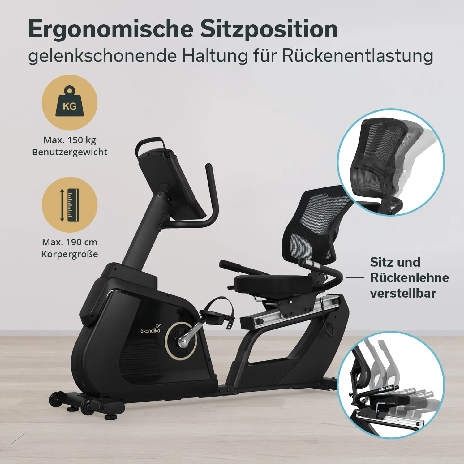 Ergometer mit verstellbarem Sitz und Rückenlehne auf einem hellen Fußboden. Grafiken zu Benutzergewicht und Körpergröße.