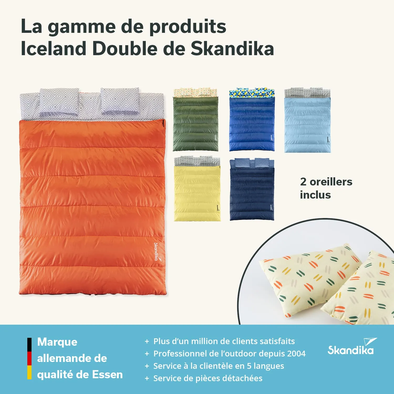 Mehrere Schlafsäcke in verschiedenen Farben, darunter orange, grün, blau und gelb, mit Kissen und Produktinformationen.