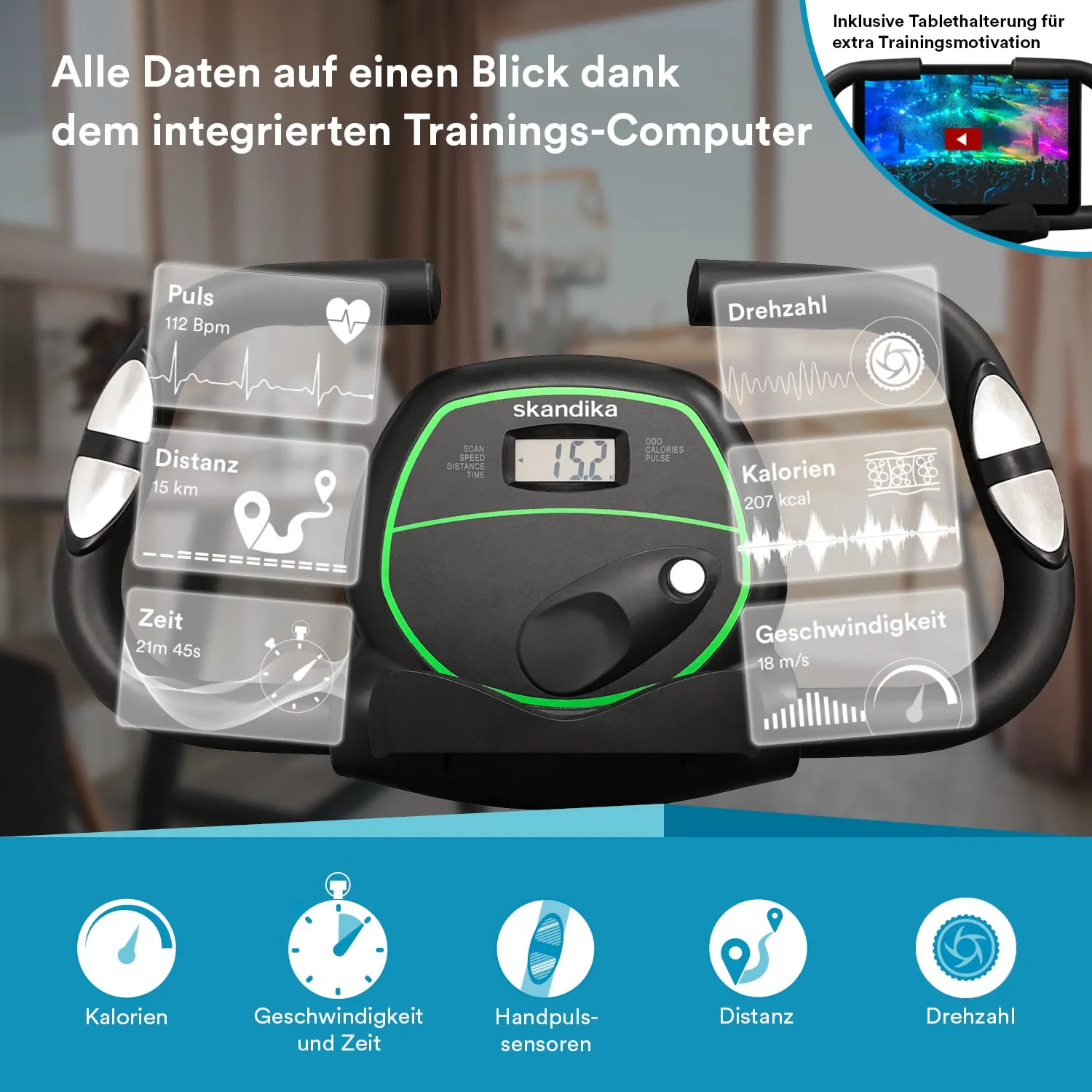 Trainingsgerät mit digitalem Display, das Informationen zu Puls, Distanz, Zeit, Kalorien und Geschwindigkeit anzeigt.