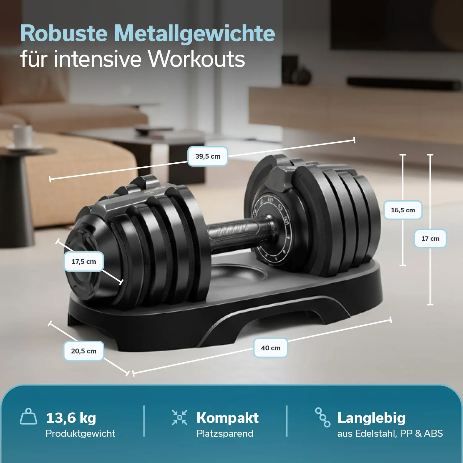 Kompakte Hantel mit verstellbarem Gewicht auf einer Ablage, Maße und Materialien sind beschriftet. Umgebung mit Möbeln.