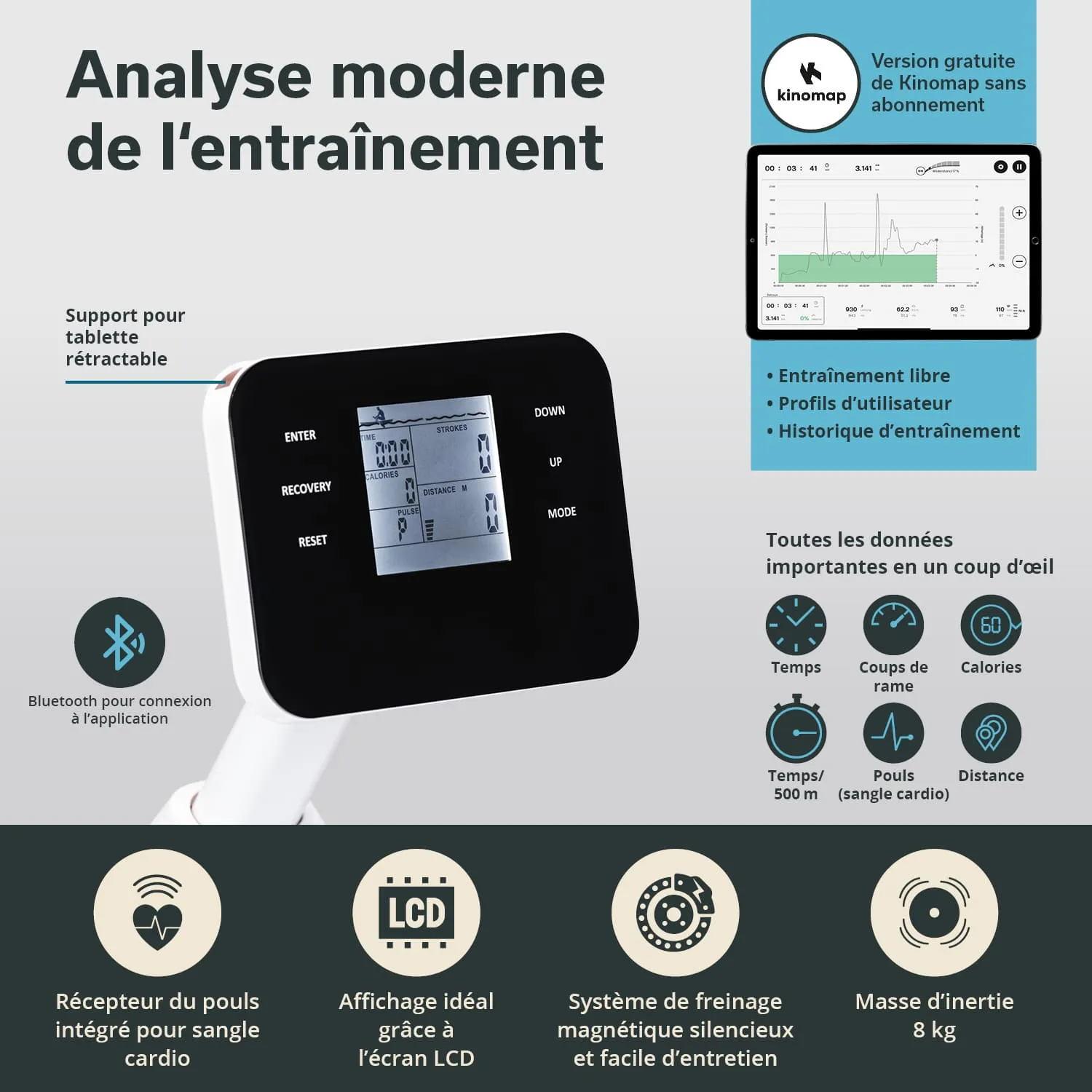 Anzeige eines Fitnessgeräts mit einem schwarz-weißen LCD-Bildschirm. Informationen zu Training, Pulsmessung und Kalorienverbrauch. Bluetooth-Symbol und verschiedene Bedienelemente sichtbar.