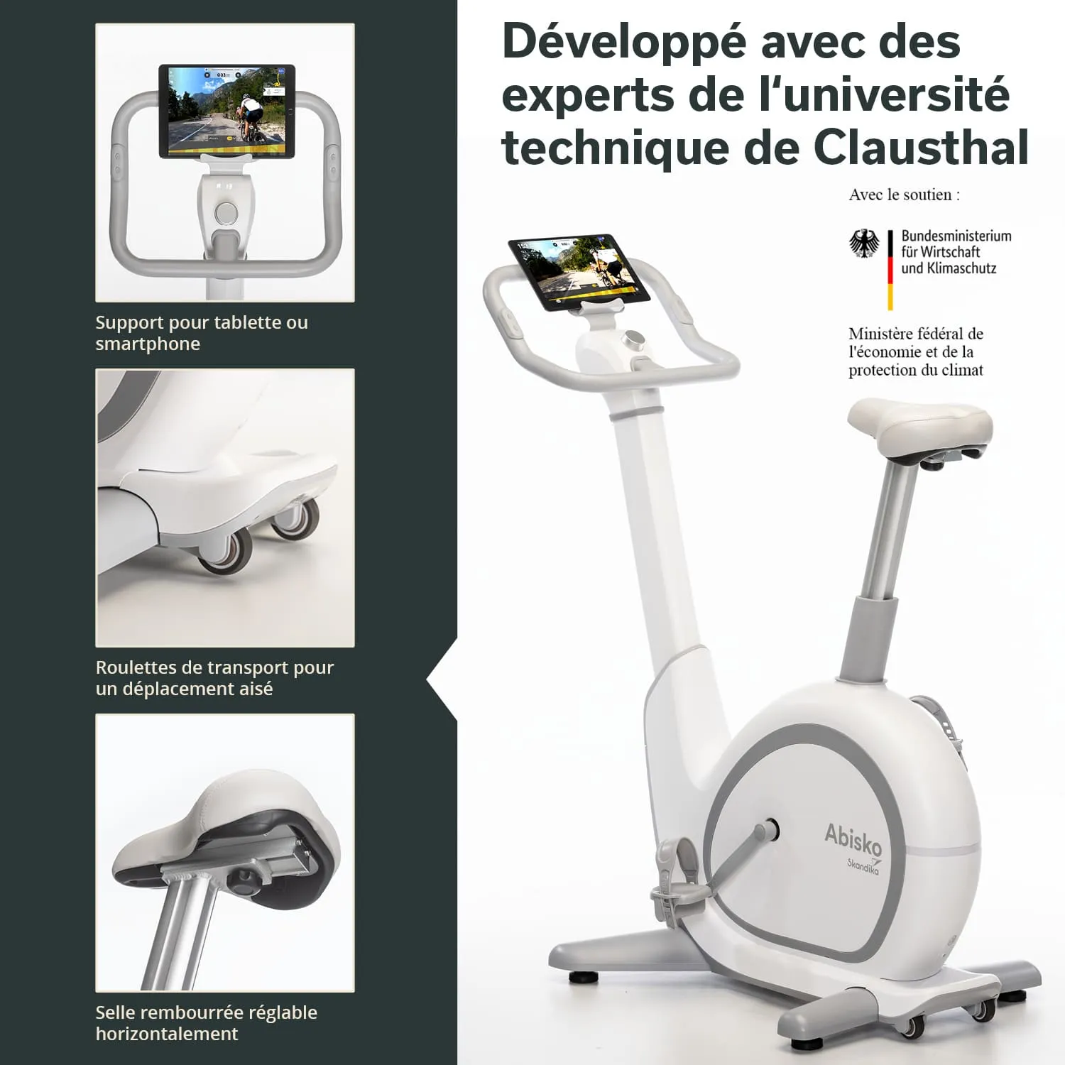 Stationäres Fahrrad mit Tablet-Halterung, verstellbarem Sattel und Transportrollen. Weiße und graue Farbgestaltung.