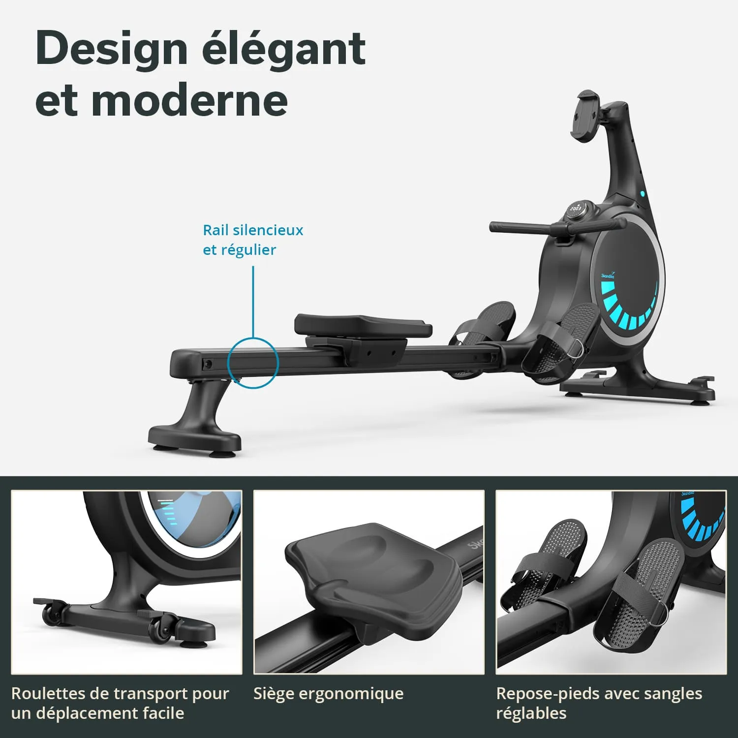 Rudermaschine mit ergonomischem Sitz und verstellbaren Fußstützen, silberner Schiene, auf weißem Hintergrund.