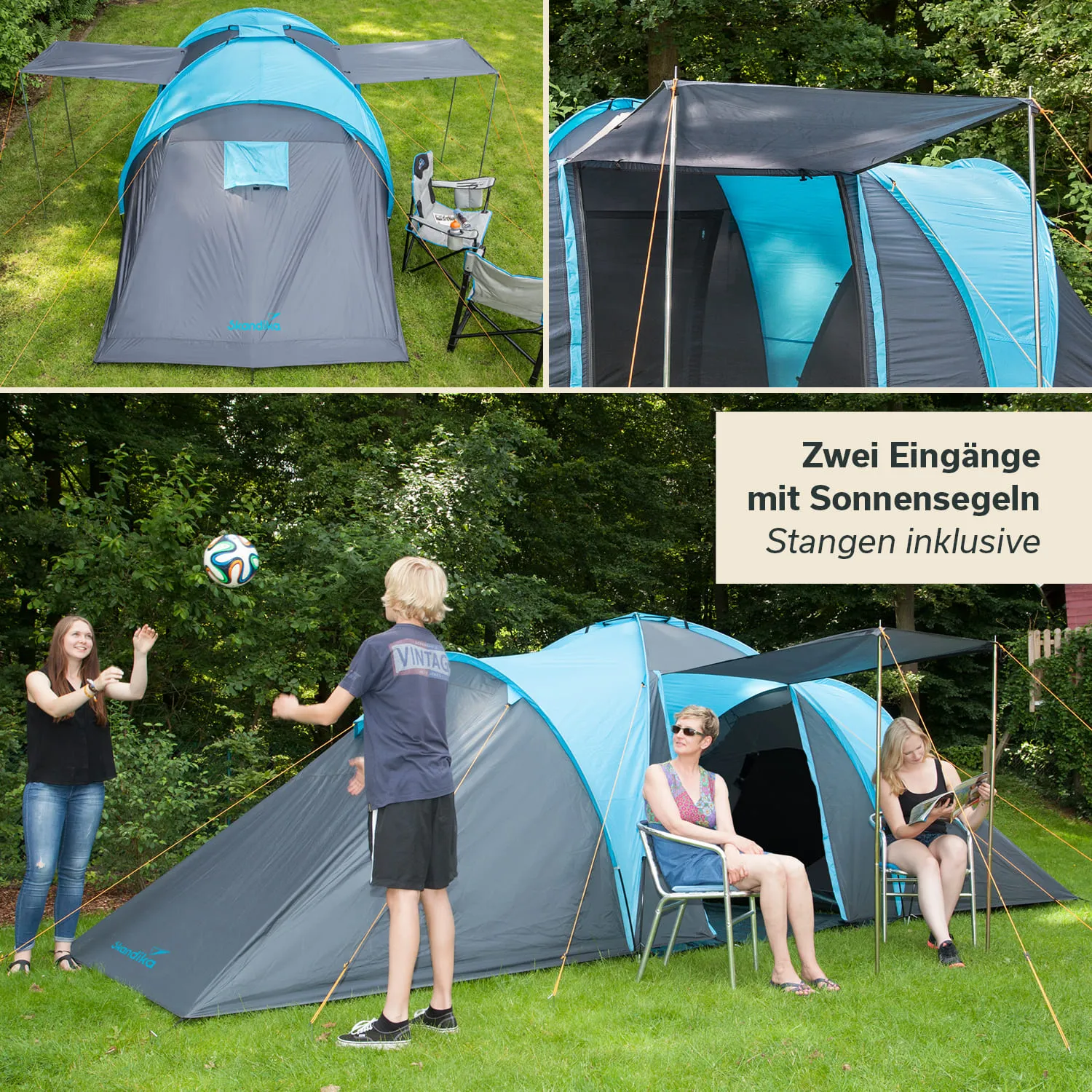 Zelt mit zwei Eingängen und Sonnensegeln, umgeben von Rasen. Personen spielen Ball und sitzen. Stangen sind sichtbar.