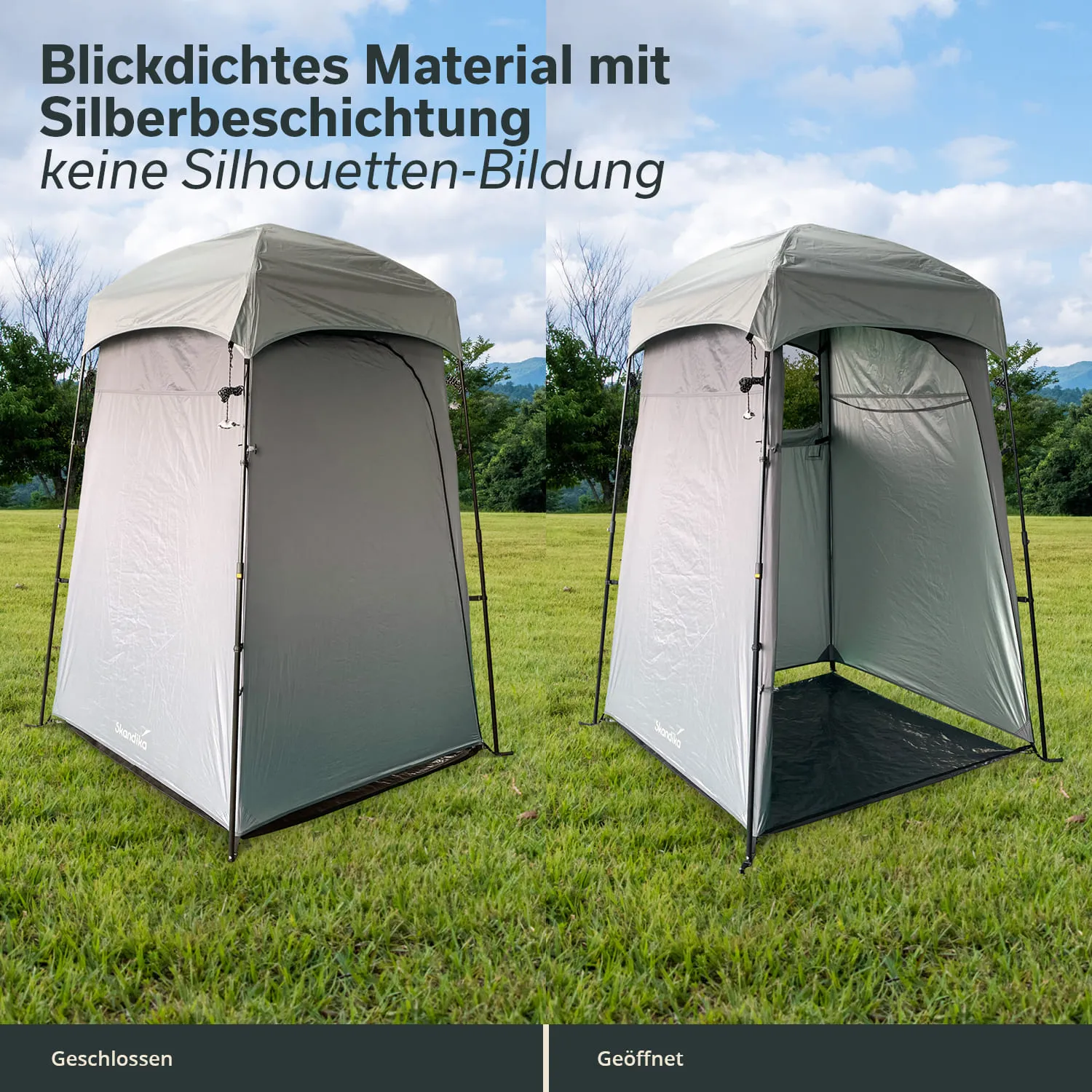 Grau-farbener Sichtschutz mit Dach, seitlich geöffnet und geschlossen, auf einer grünen Wiese mit Bäumen im Hintergrund.
