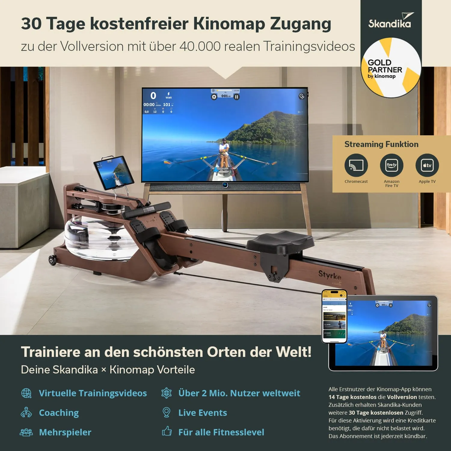 Holz-Rudergerät mit einem Bildschirm im Hintergrund, der Trainingstraining zeigt. Informationen zu Kinomap und Angeboten unter dem Bild.
