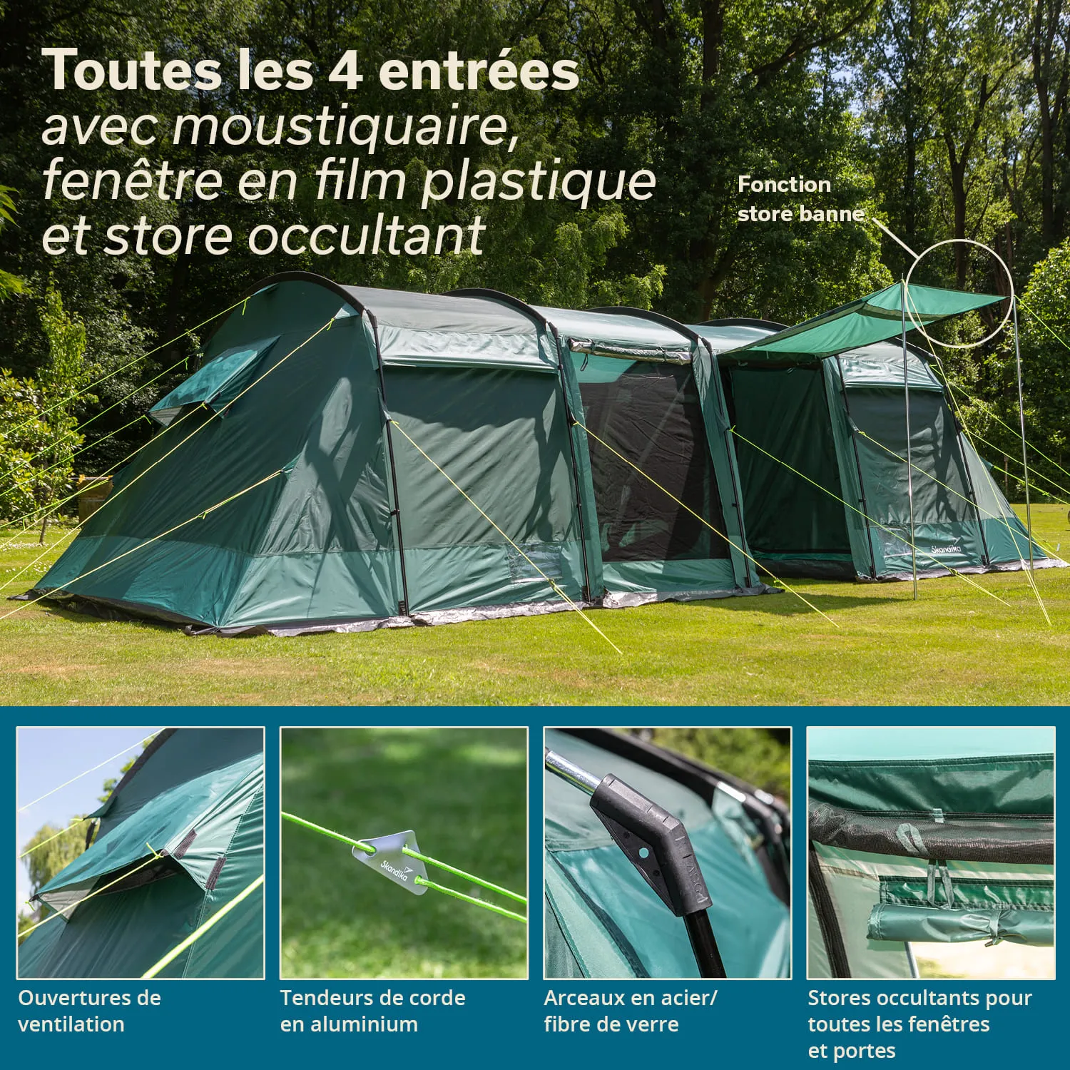 Grünes Zeltdesign mit vier Eingängen, Moskitonetz, Fenster und Verdunkelungsstores. Detaillierte Ansichten von Belüftungsöffnungen und Zeltstangen.