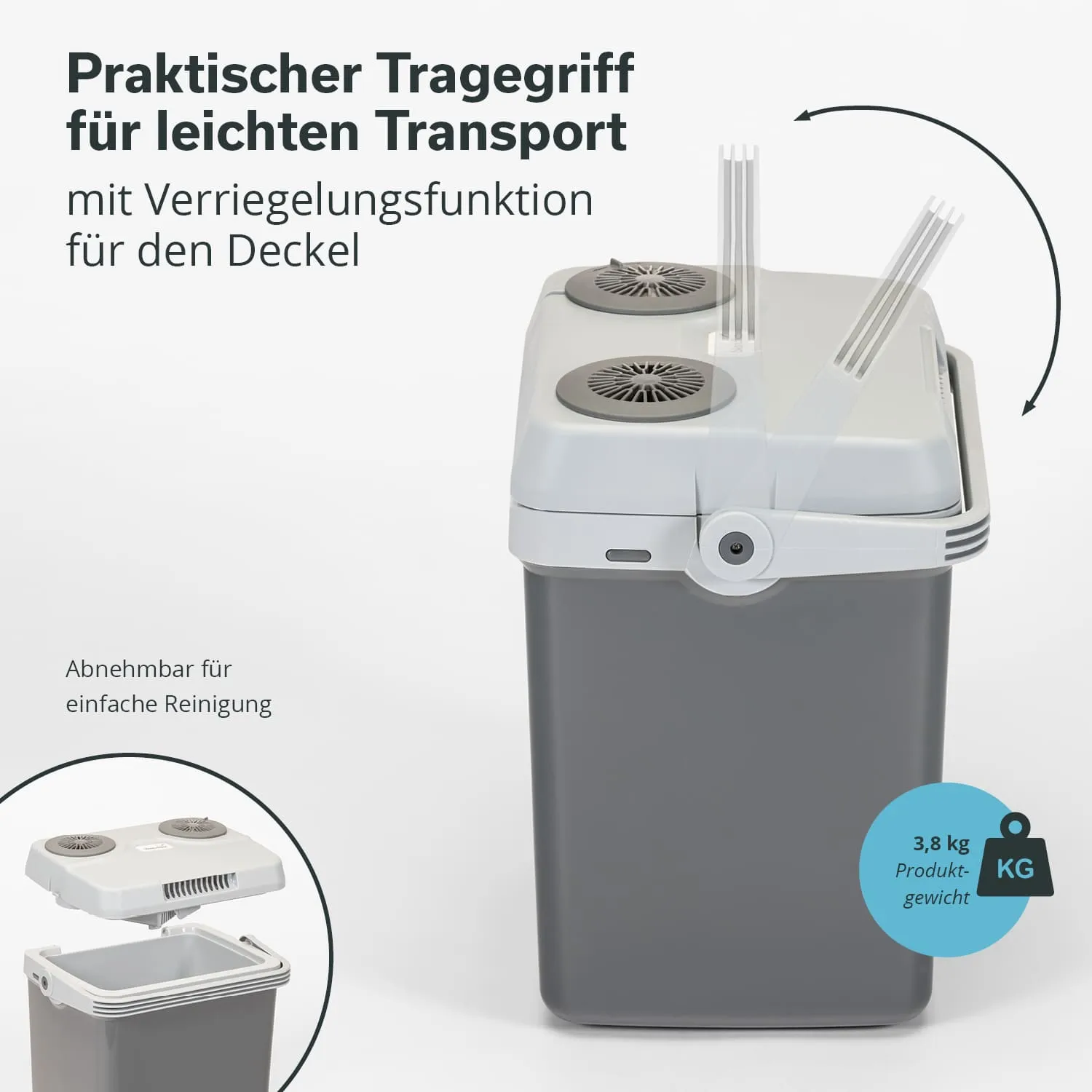 Grauer Behälter mit praktischem Tragegriff und zwei Lüftungsschlitzen im Deckel. Abnehmbarer Deckel für einfache Reinigung. Gewicht: 3,8 kg.