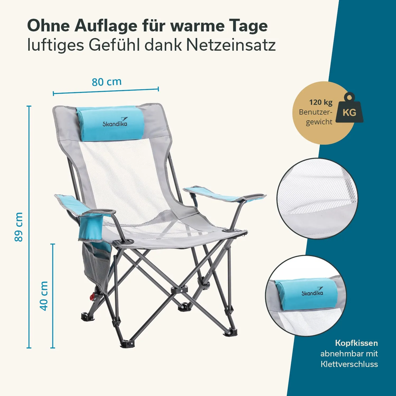 Faltstuhl in Grau und Blau mit Netzteil für Belüftung. Maße: 80 cm Breite, 89 cm Höhe, 40 cm Sitztiefe. 120 kg max. Gewicht.