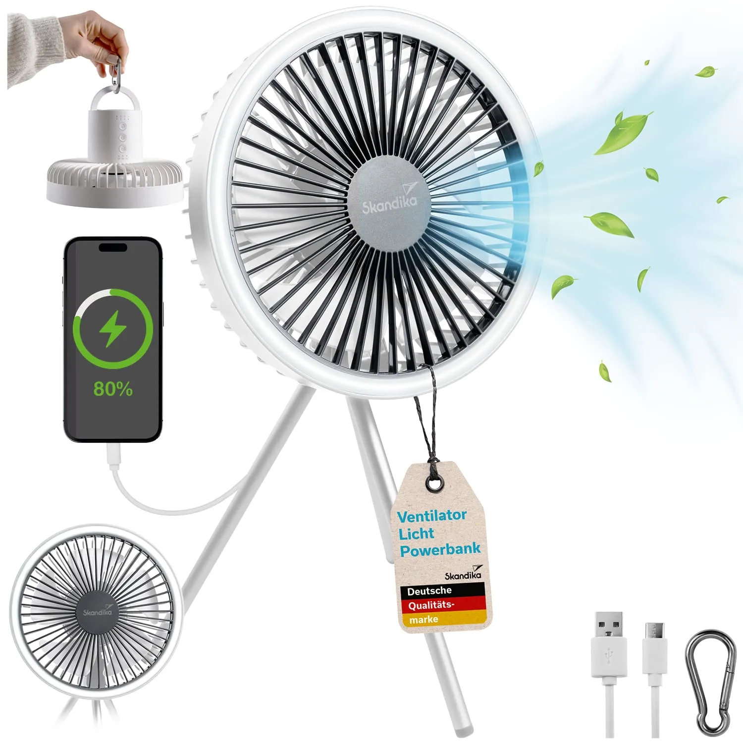 Akku-Fan mit USB-Anschluss, Handy mit Ladeanzeige, Zubehörteile, Etikett mit Produktinformationen und Blätter, die Luftstrom symbolisieren.