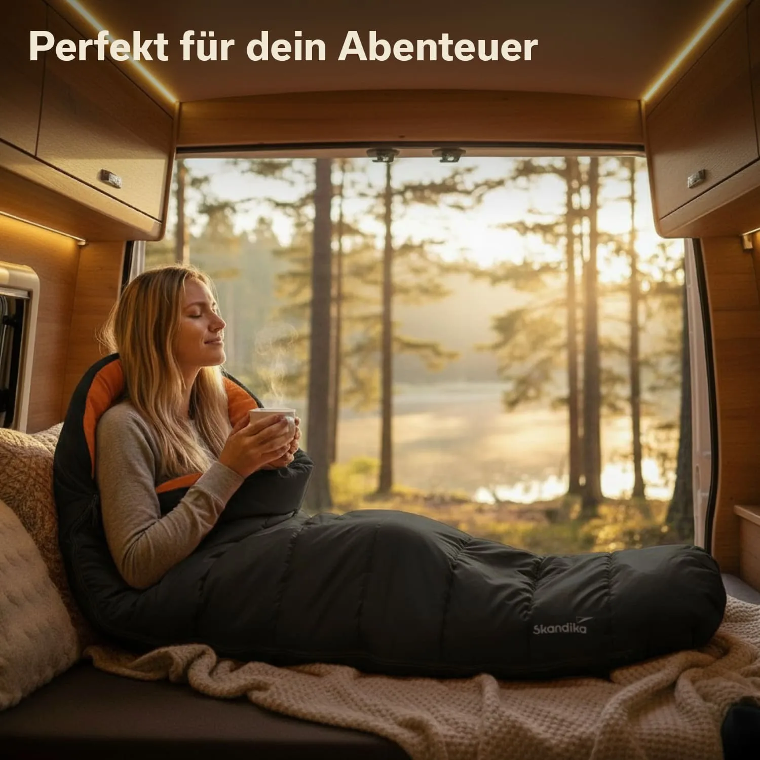Eine Person sitzt in einem Wohnmobil, eingewickelt in einen schwarzen Schlafsack. Sie hält eine Tasse mit dampfendem Getränk und blickt entspannt nach draußen auf eine Waldlandschaft bei Sonnenaufgang.