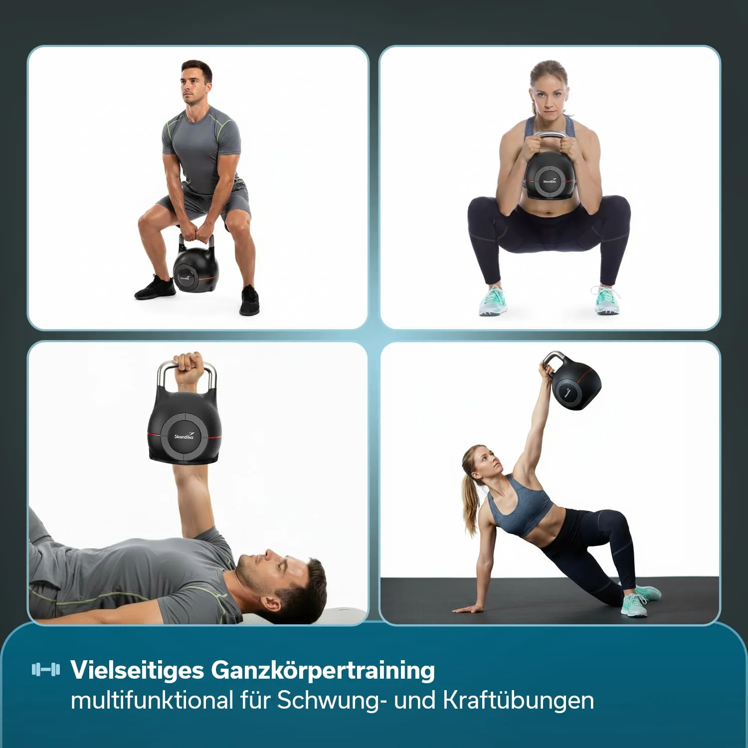 Oben links: Person in Sportkleidung, führt eine Kettlebell-Übung durch. Oben rechts: Person mit Kettlebell in der Hocke. Unten links: Person liegt auf einer Matte und hält eine Kettlebell über sich.
