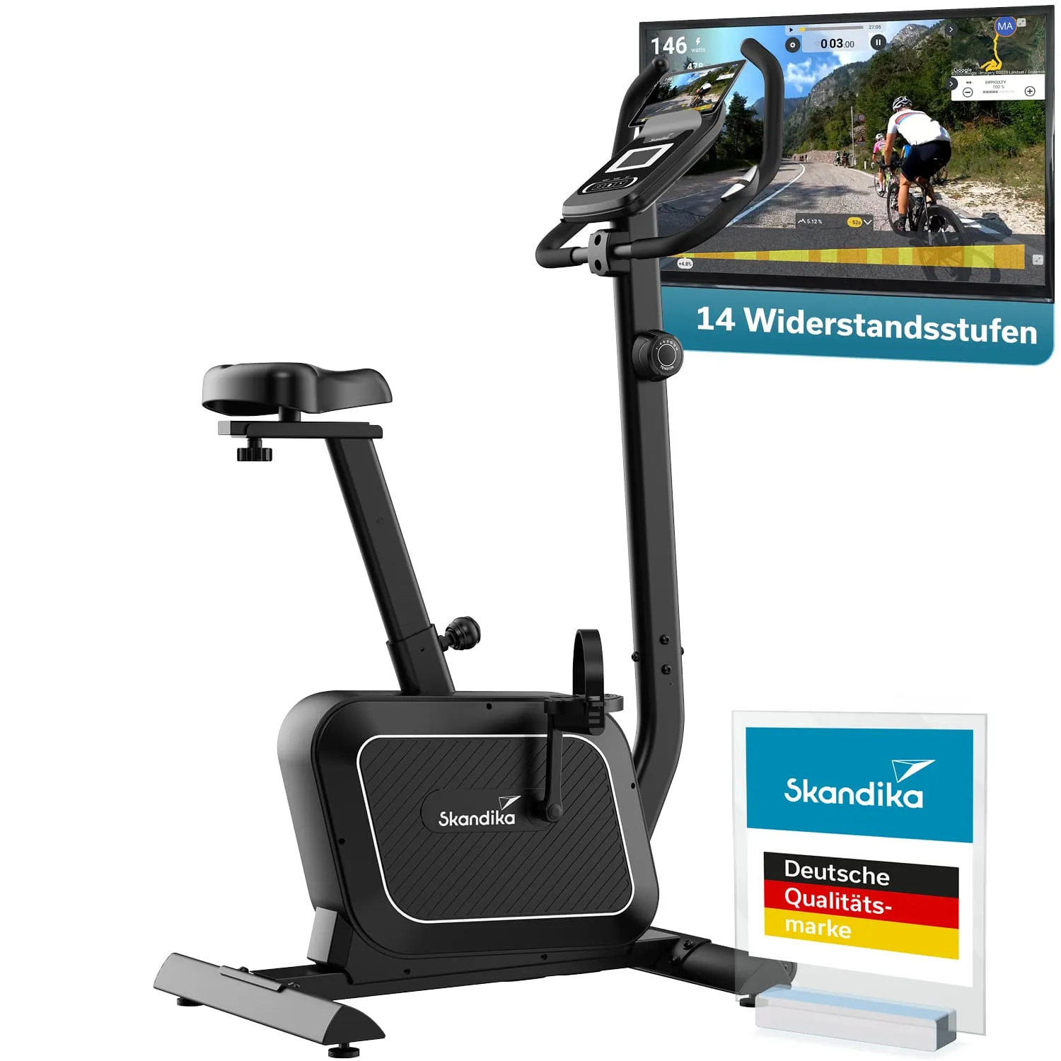 Stationäres Fahrrad mit Bildschirm für Trainingsdaten und 14 Widerstandsstufen. Logo von Skandika und Qualitätssiegel sichtbar.