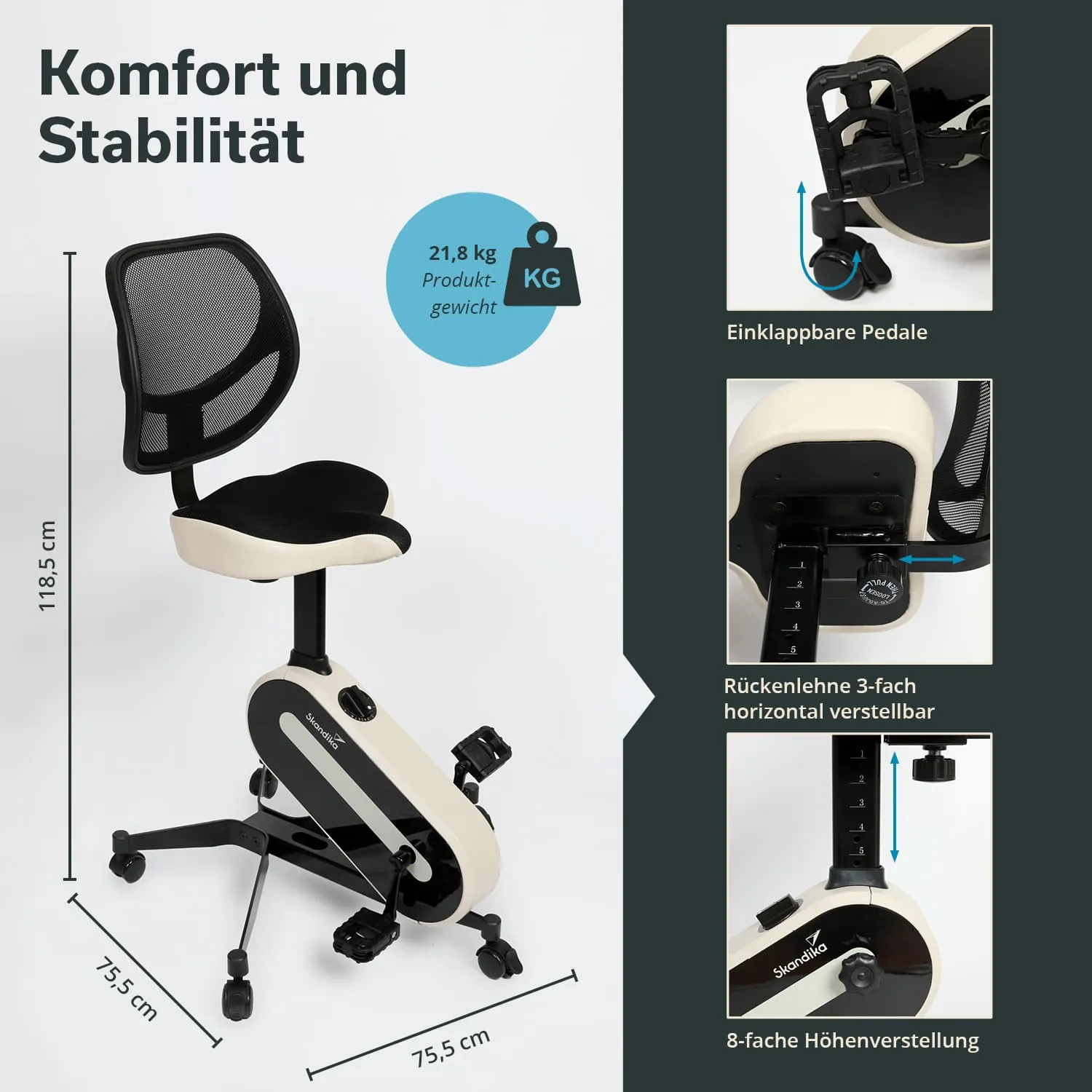 Bürostuhl mit einer Netz-Rückenlehne, gepolsterter Sitzfläche und einklappbaren Pedalen. Technische Details sind angegeben.