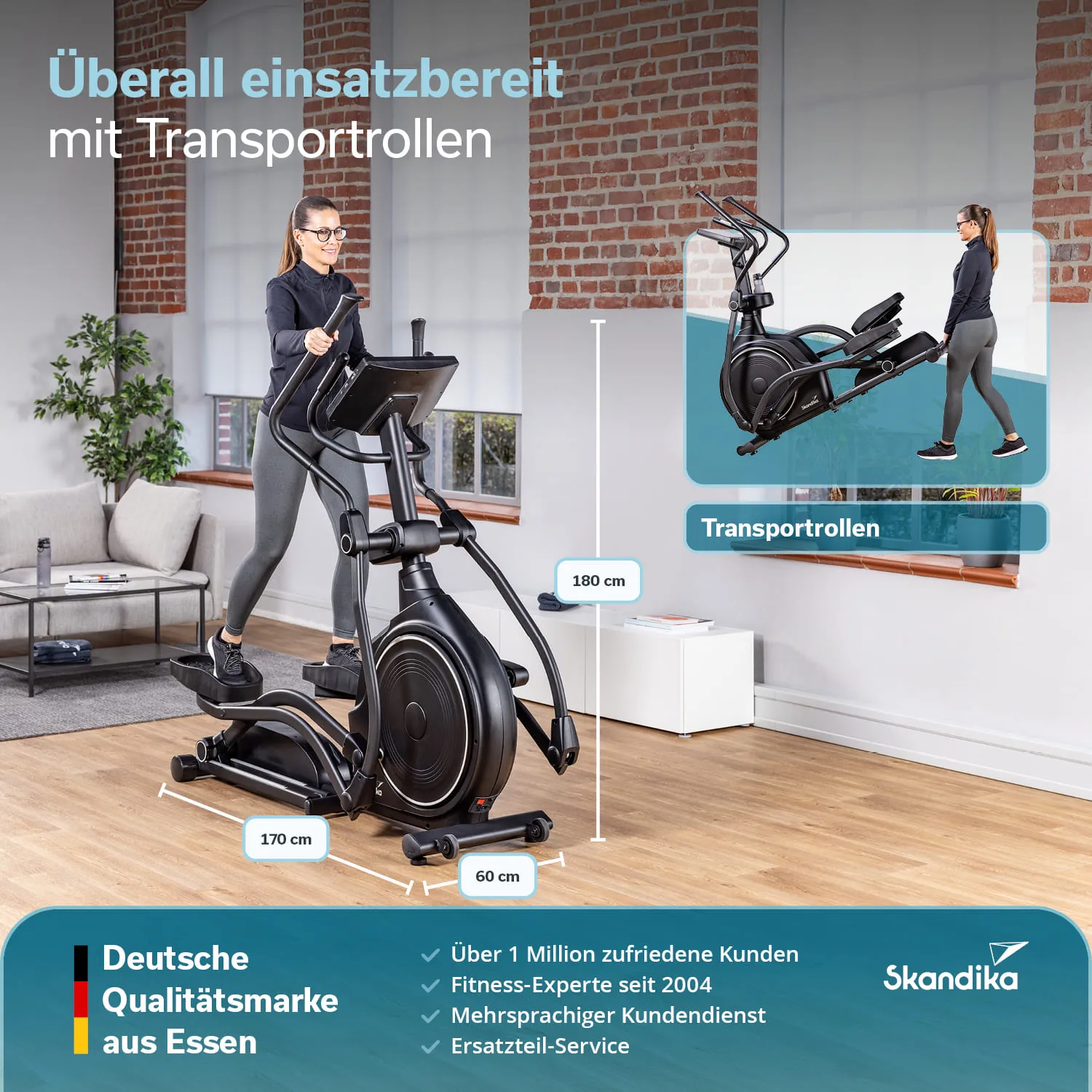 Crosstrainer in einem modernen Raum mit großen Fenstern. Person steht darauf und trainiert. Maße und Transportrollen hervorgehoben.