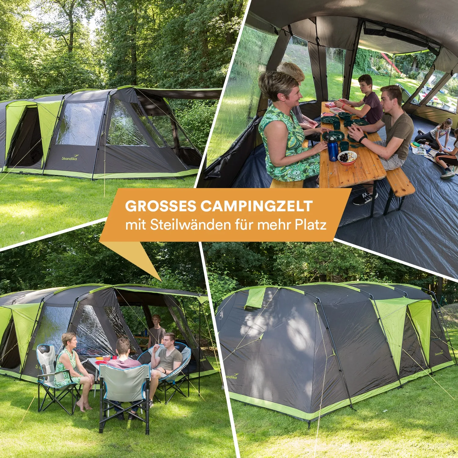 Großes Campingzelt mit Steilwänden, mehrere Ansichten, darunter Innenansicht mit Personen am Tisch im Freien.
