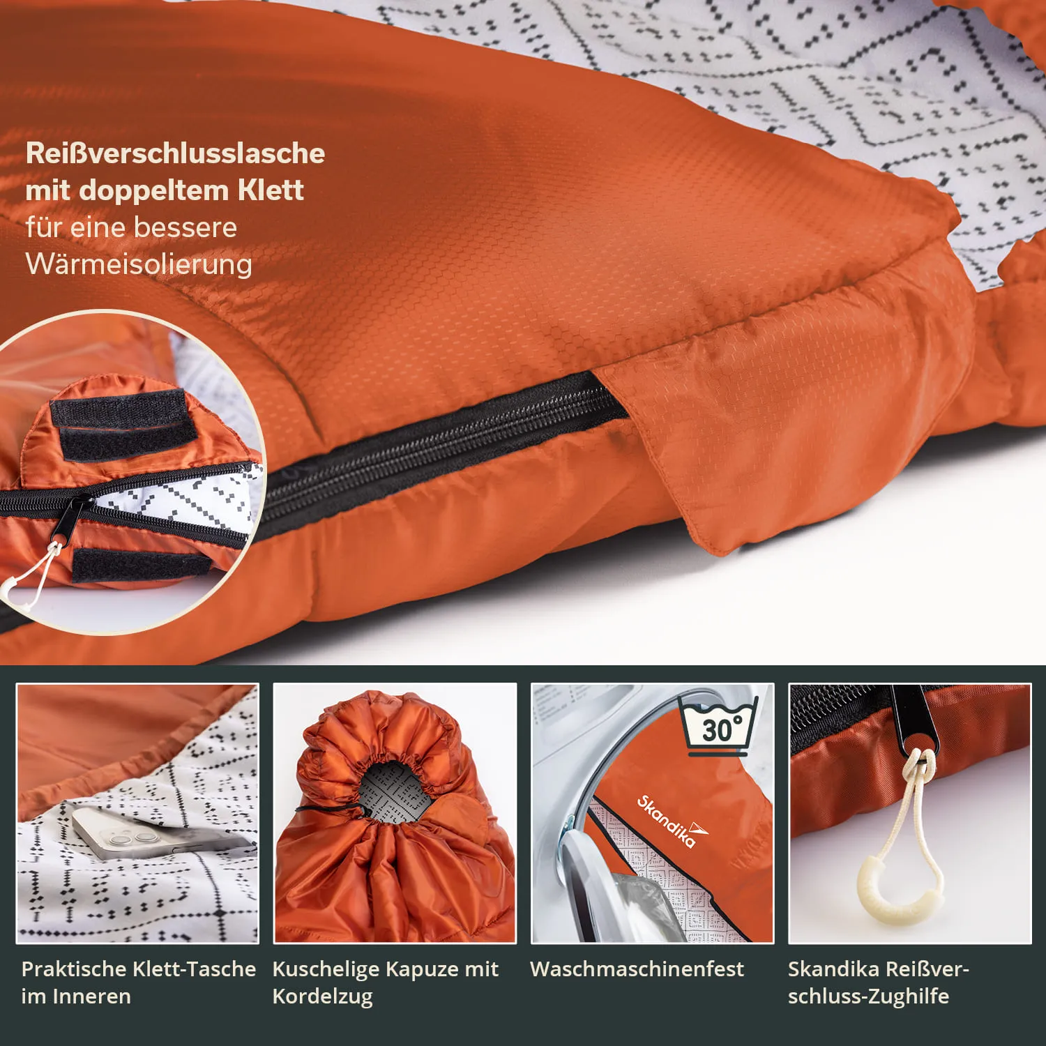 Orangefarbener Schlafsack mit innenliegendem Klettverschluss, Reißverschluss und mehreren Funktionen, wie Kapuze und Waschmaschinenfestigkeit.