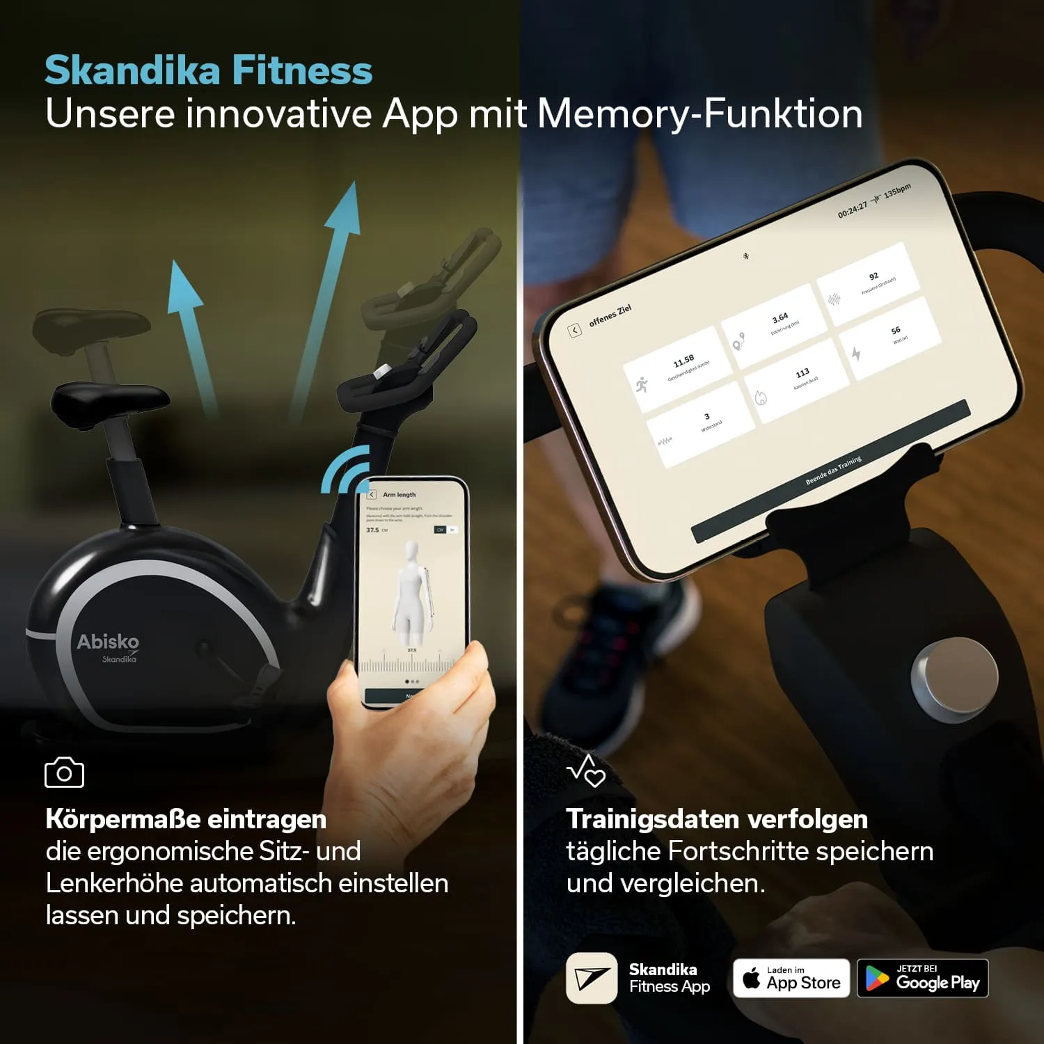 Ergometer mit verstellbarem Sitz und Lenker, Bedienfeld mit Tasten, Umgebung in einem Wohnraum, Hinweis auf Skandika App.