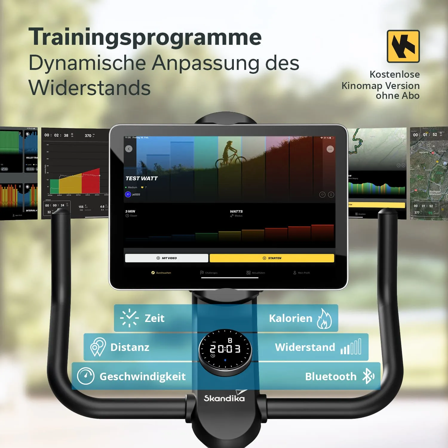 Digitales Trainingsgerät mit Bildschirm, der Trainingsinformationen anzeigt, und Bedienelementen für Zeit, Distanz, Geschwindigkeit, Kalorien und Widerstand.