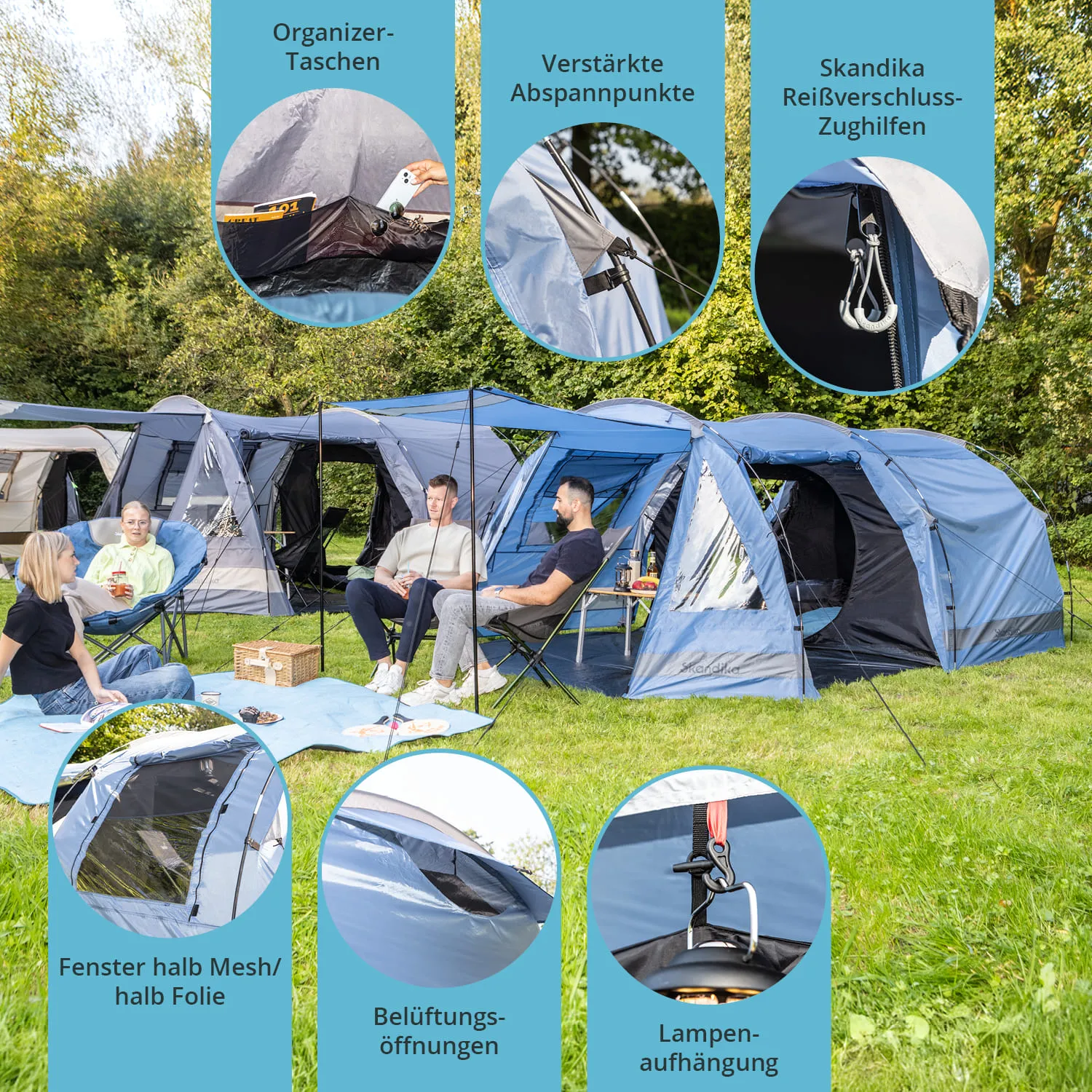 Mehrere Zelte in einem grünen Bereich, mit Personen, die auf Campingstühlen sitzen. Details zu Tatzenausstattung.
