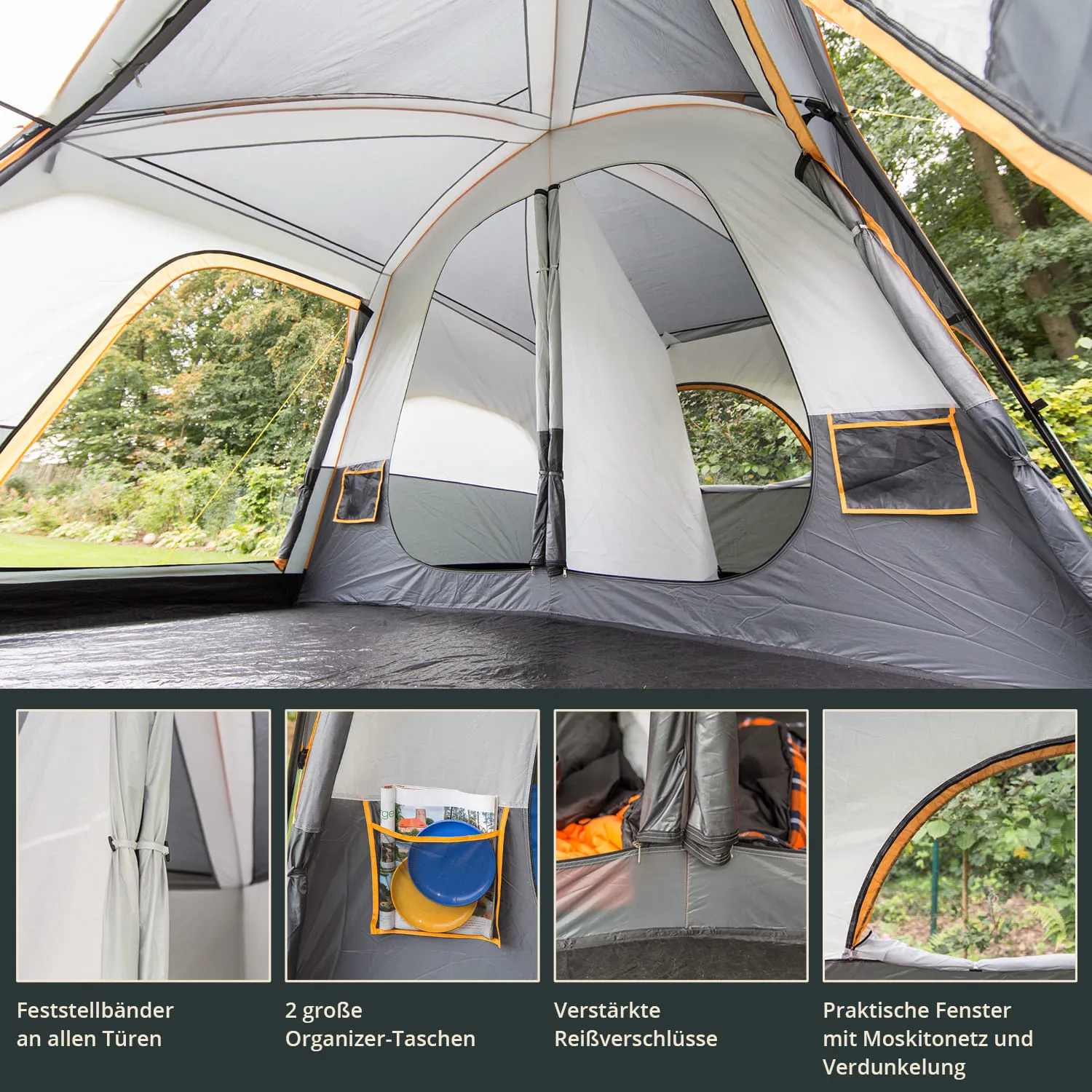 Innere Ansicht eines Zeltes mit grauen und weißen Wänden. Zwei große Organiser-Taschen und verstärkte Reißverschlüsse sind sichtbar. Fenster mit Moskitonetz sind ebenfalls vorhanden.